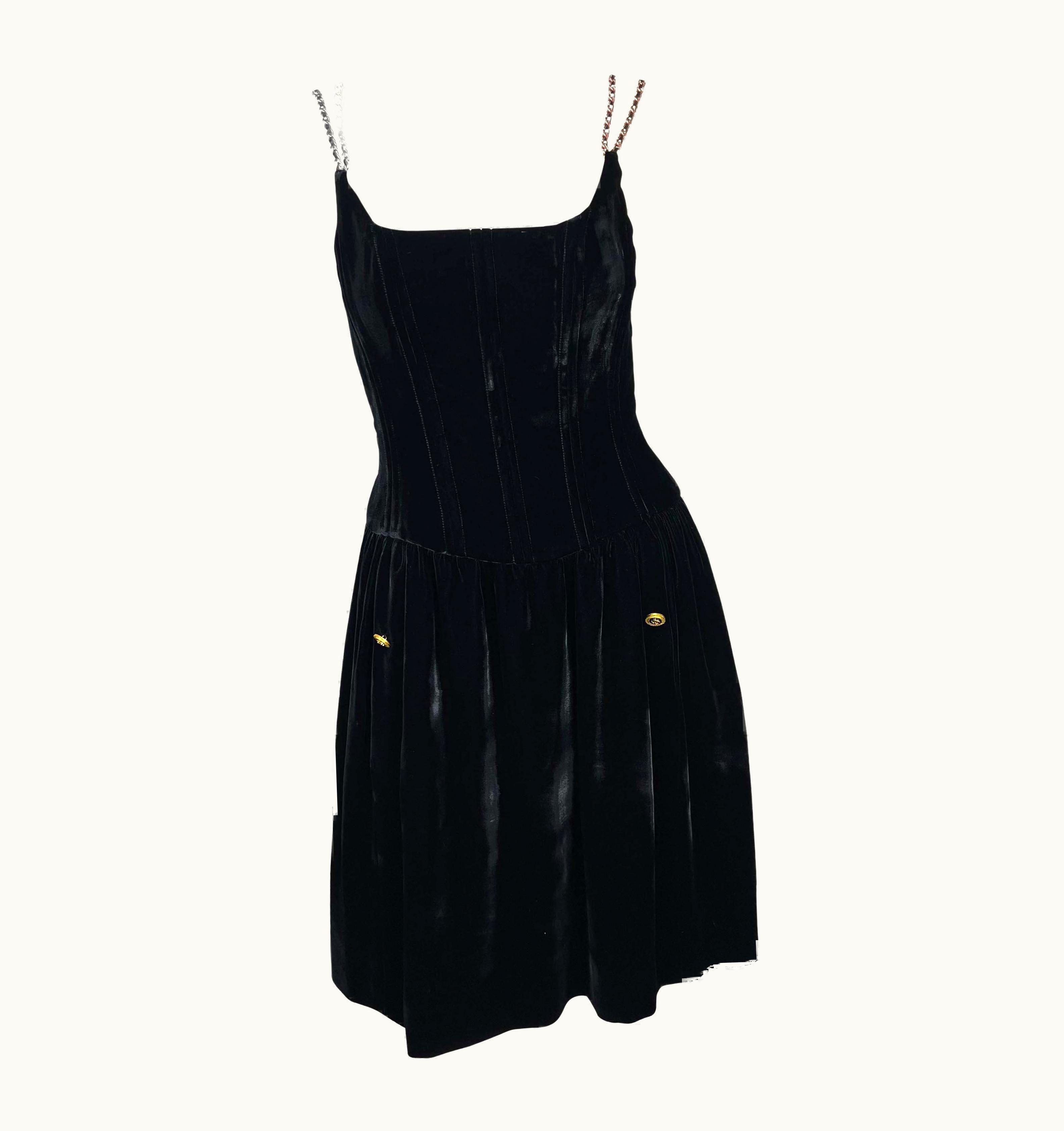 Chanel AW 1993 Chanel By Karl Lagerfeld Velvet Boned Corset Gold Chain Cc Button Dress