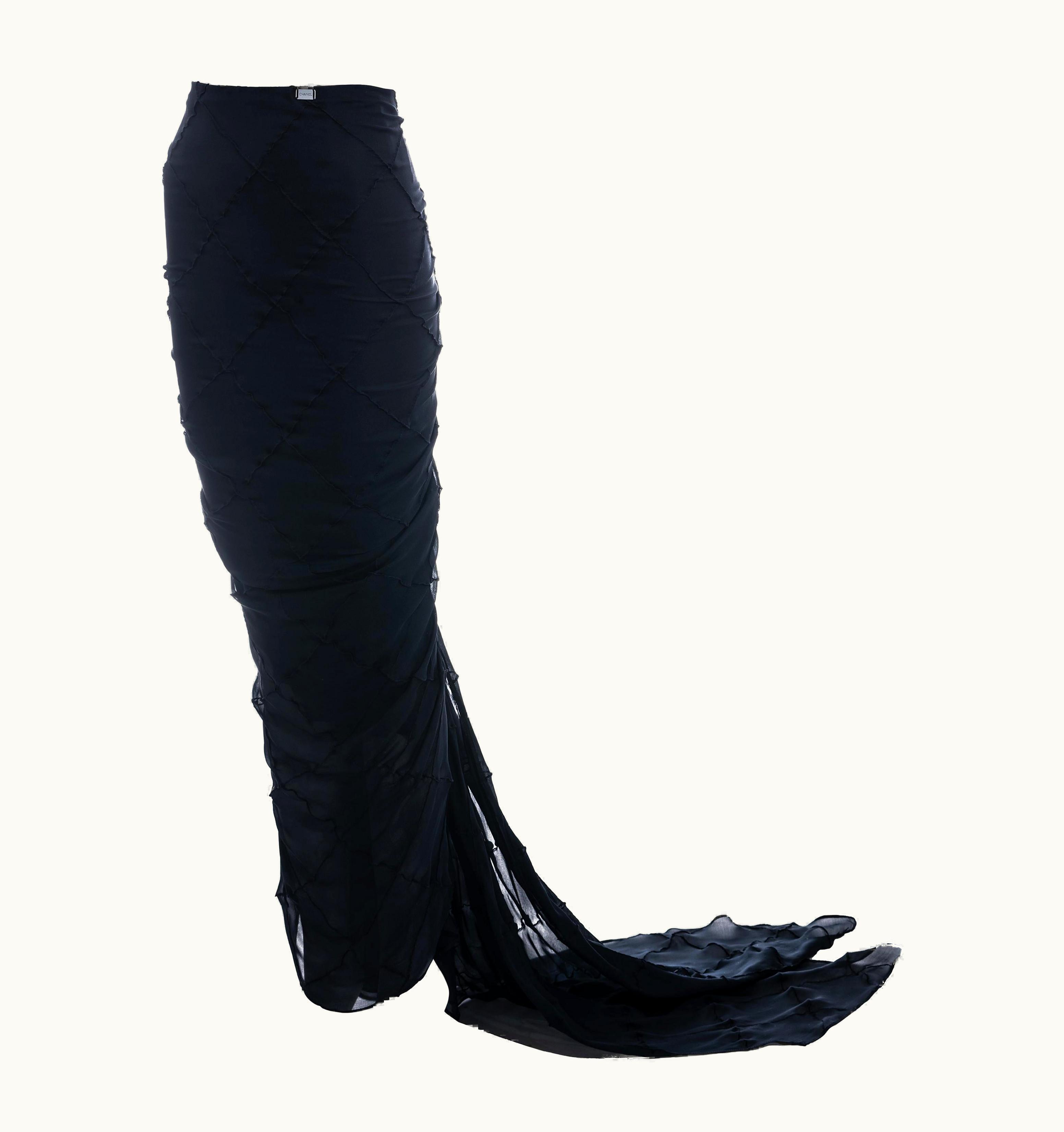 Chanel Chanel By Karl Lagerfeld Navy Blue Patchwork Silk Trained Evening Skirt, S/S 1999