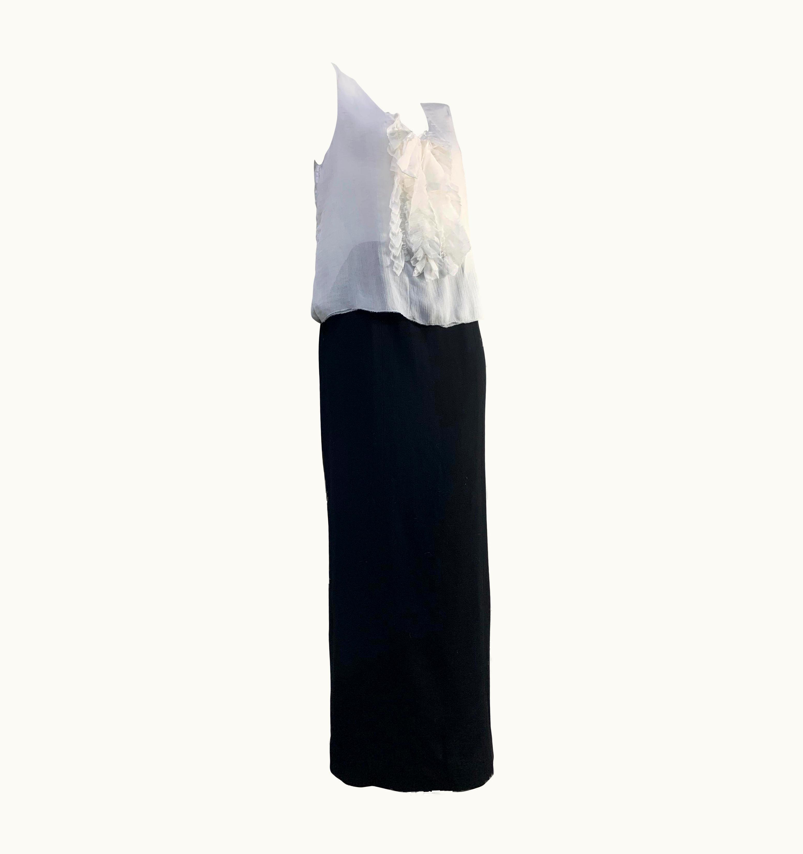 Chanel 1998 Chanel Autumn Black Wool Crepe Pencil Skirt And White Silk Ruffled Camisole