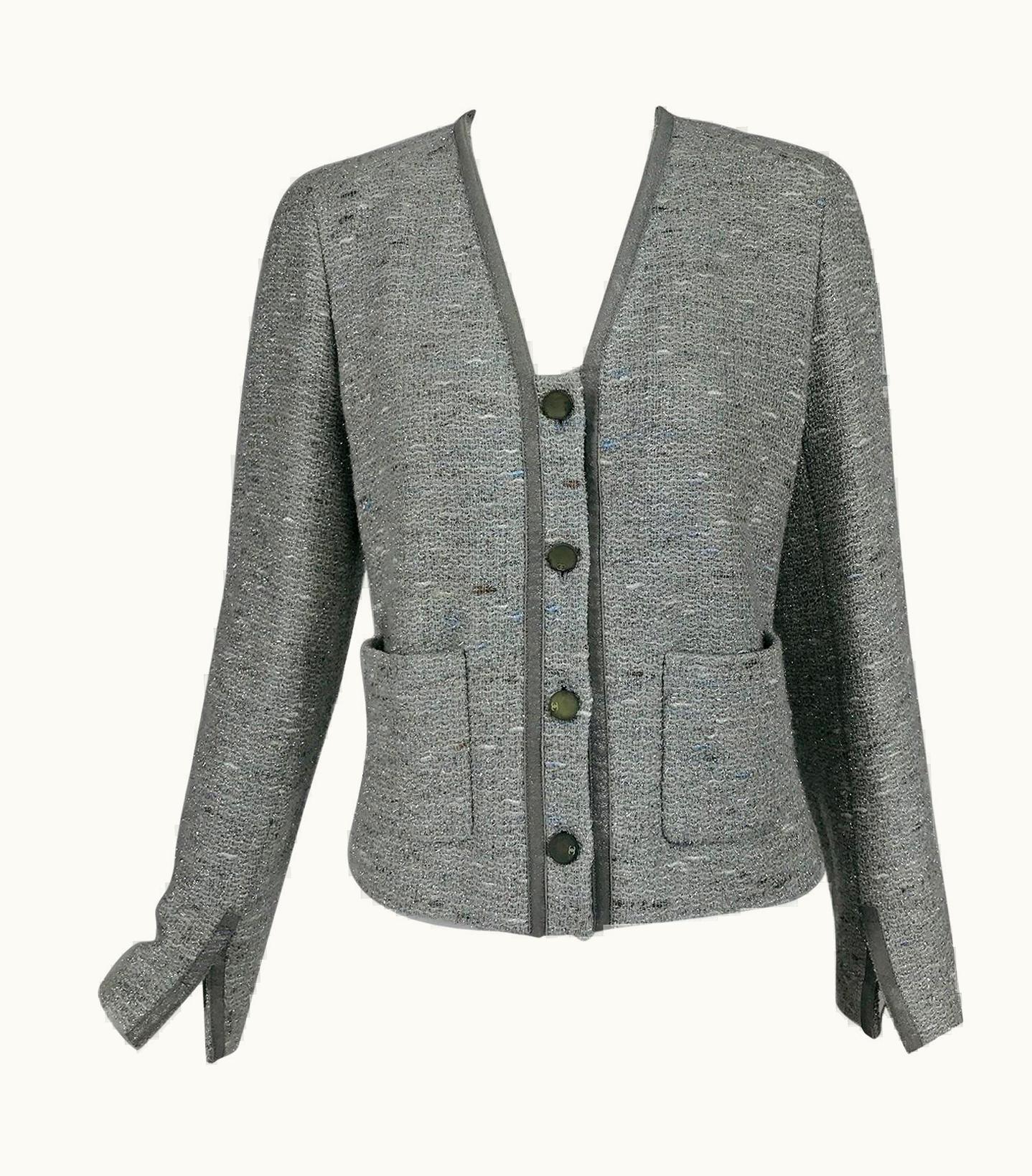 Chanel Chanel Silver Grey Metallic Slub Tweed Jacket 1999a
