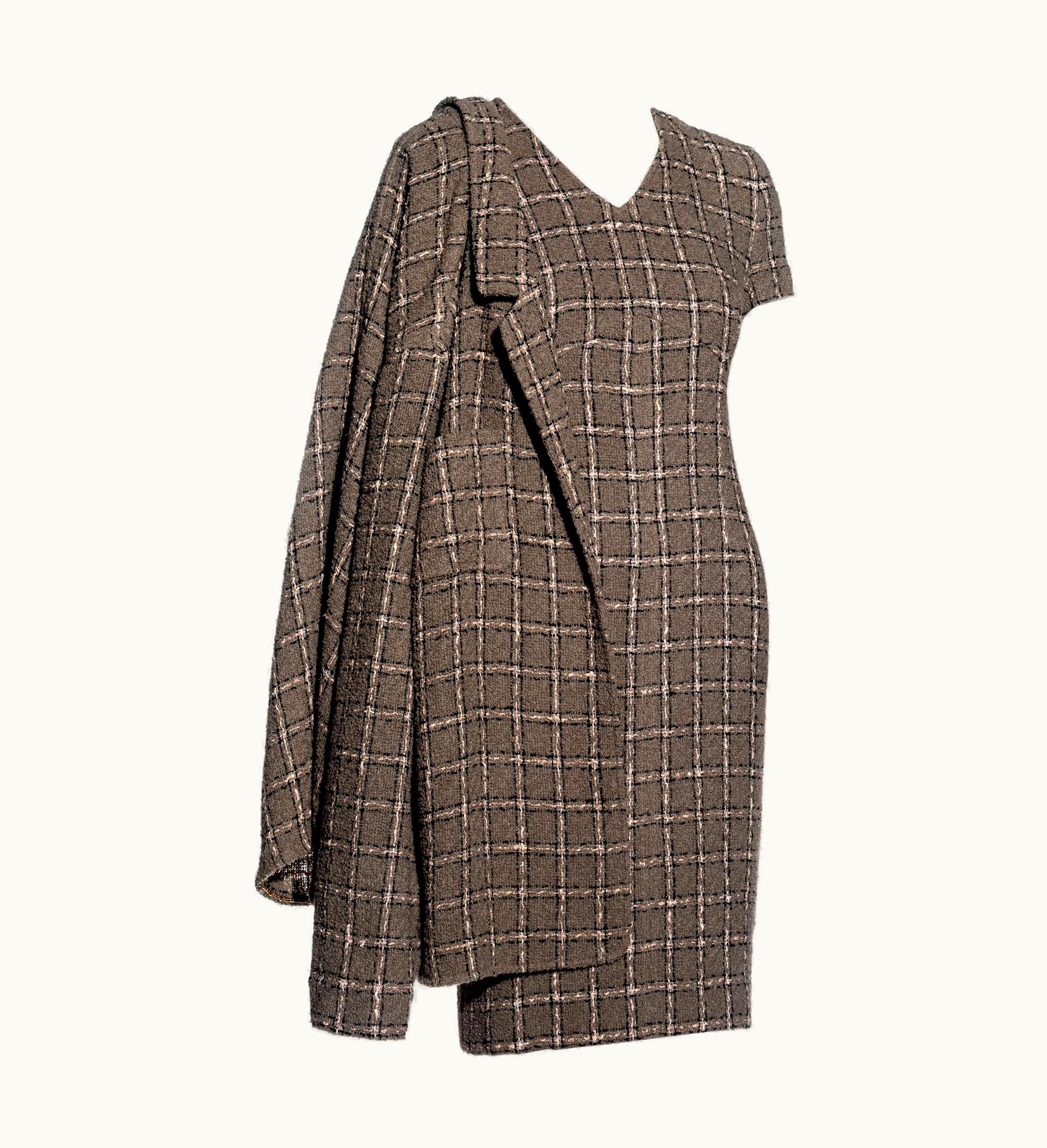 Chanel Chanel By Karl Lagerfeld Checked Taupe Bouclé Wool Dress And Jacket Set, AW 1995