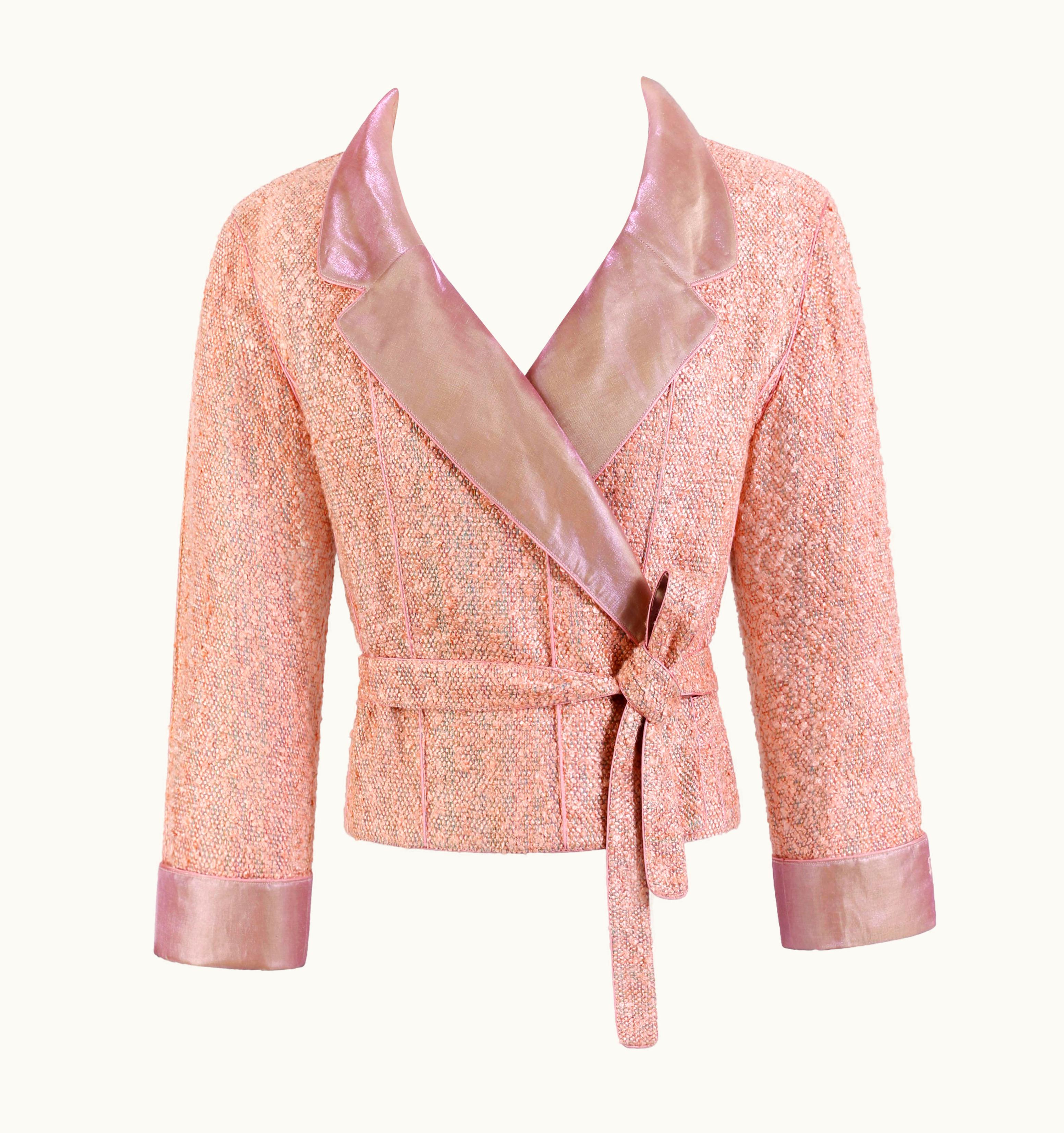Chanel Chanel Vintage S/S 1999 Salmon Pink Tweed Boucle Knit Cropped Wrap Jacket 38-fr
