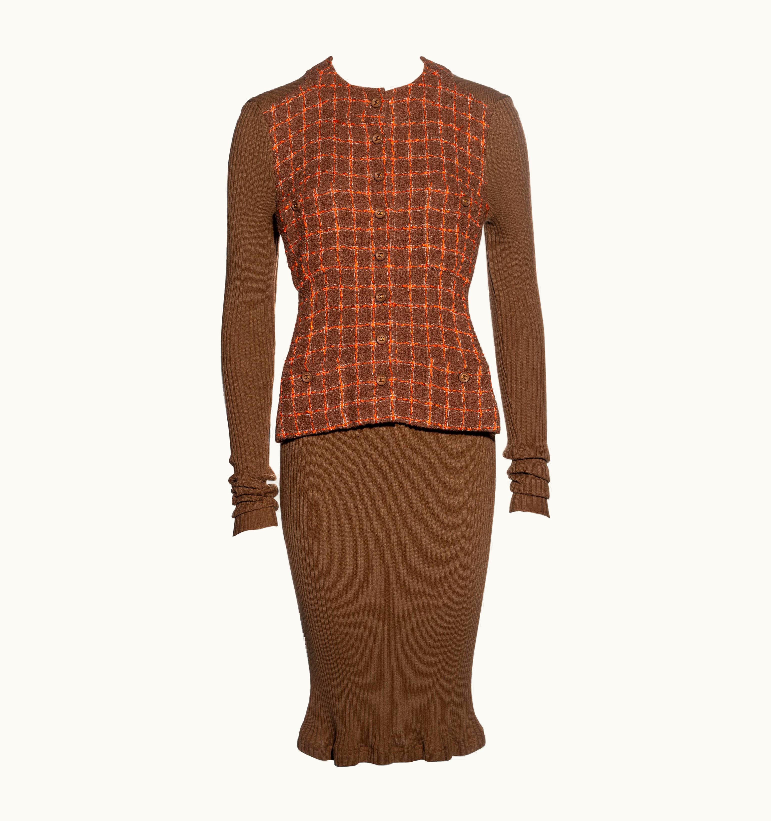 Chanel Chanel By Karl Lagerfeld Orange And Brown Knit And Tweed Jacket Dress, AW 1995