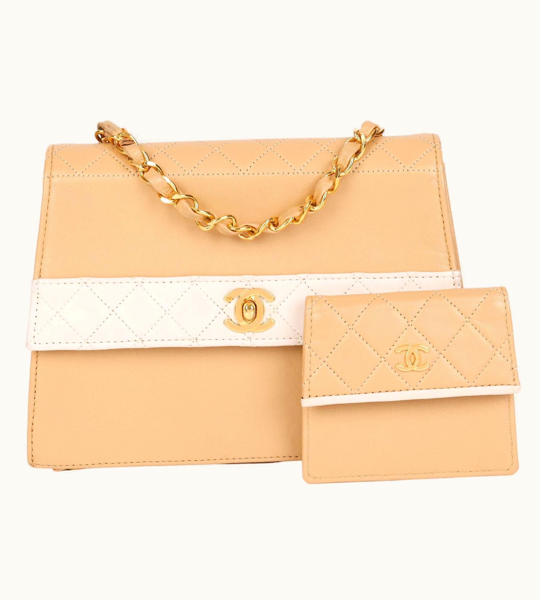 Chanel Chanel Beige & White Quilted Lambskin Vintage Mini Trapeze Classic Flap Bag