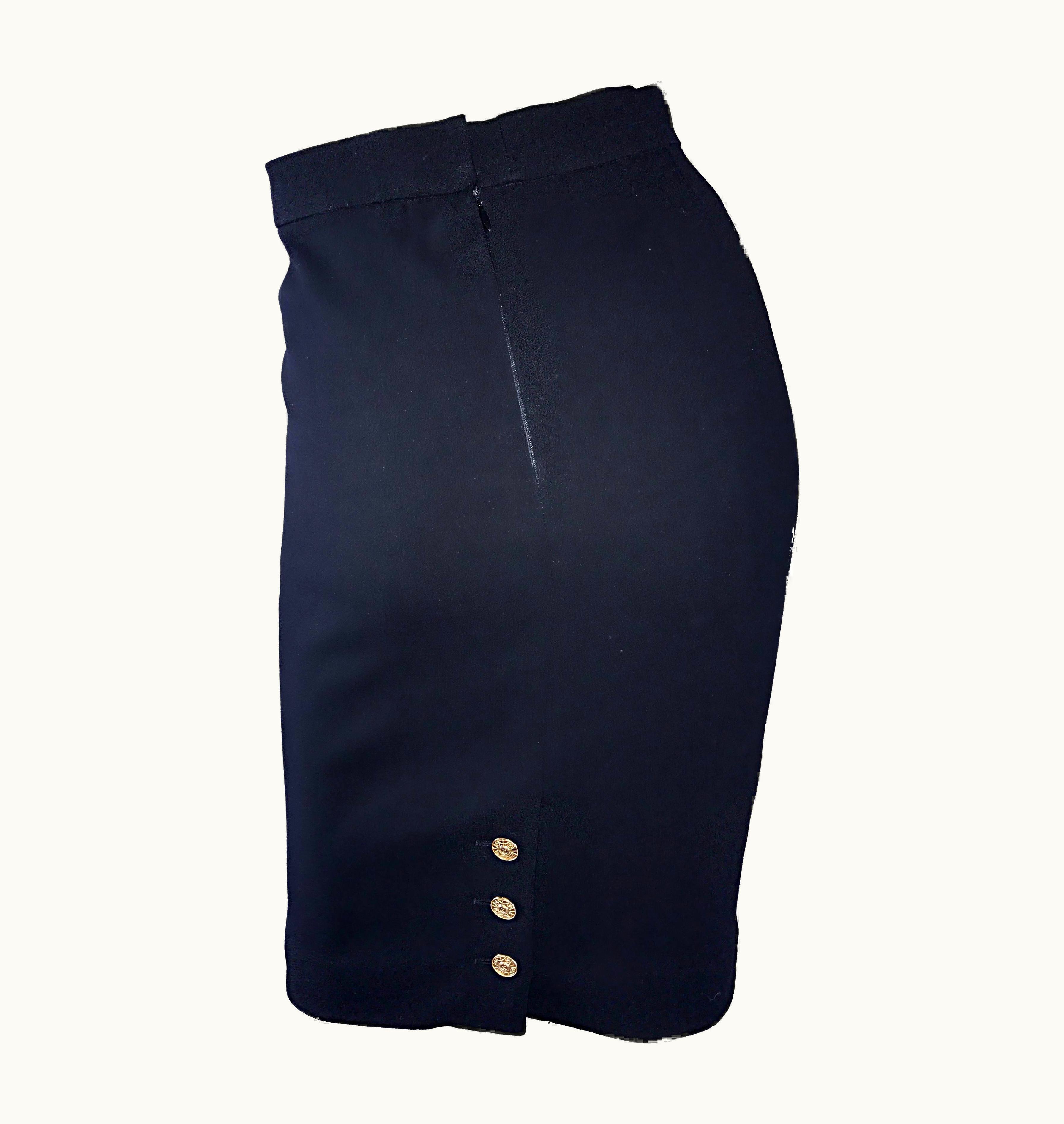 Chanel Vintage Chanel Black Wool High Waisted 90s Bodycon Pencil Skirt Gold Cc Buttons