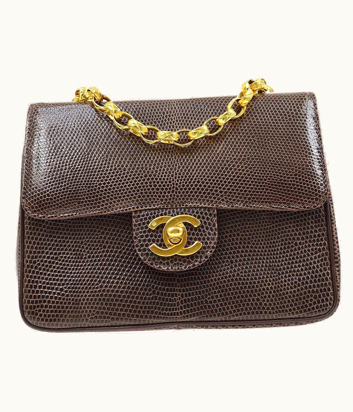 Chanel Chanel Chocolate Brown Lizard Exotic Leather Gold Small Mini Shoulder Flap Bag
