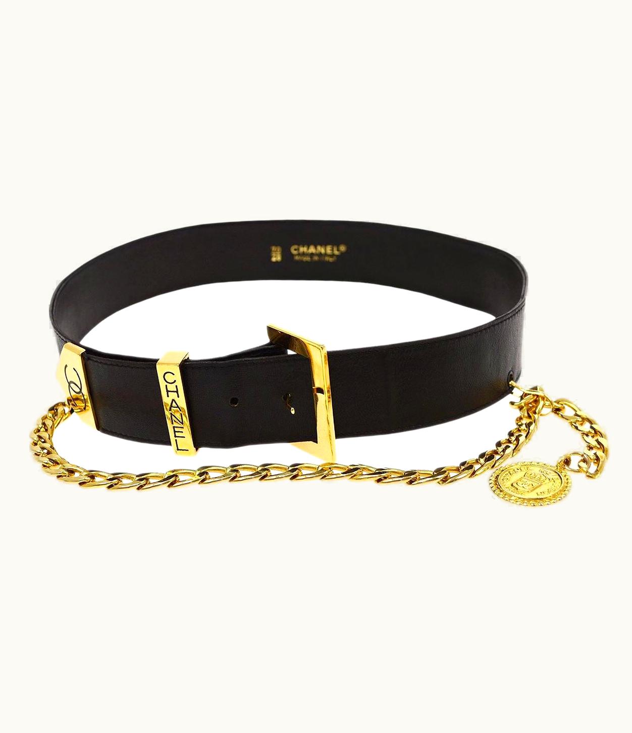 Chanel Chanel Black Lambskin Leather Gold Metal Logo Charm Chain Link Waist Belt