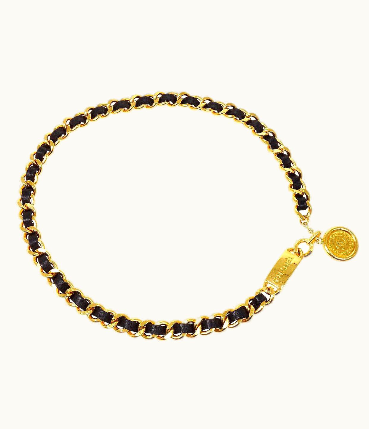 Chanel Chanel Cc Black Lambskin Leather Gold Metal Charm Chain Link Waist Belt