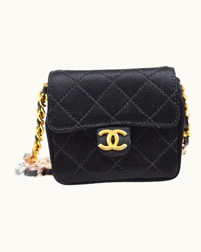 Chanel Chanel Black Satin Gold Micro Mini Party Evening Shoulder Pochette Flap Bag