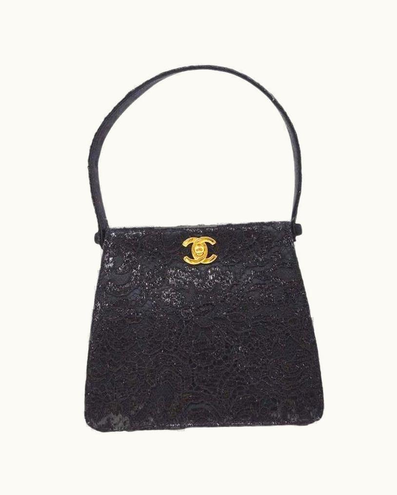 Chanel Chanel Black Satin Lace Gold Small Mini Top Handle Satchel Kelly Style Bag