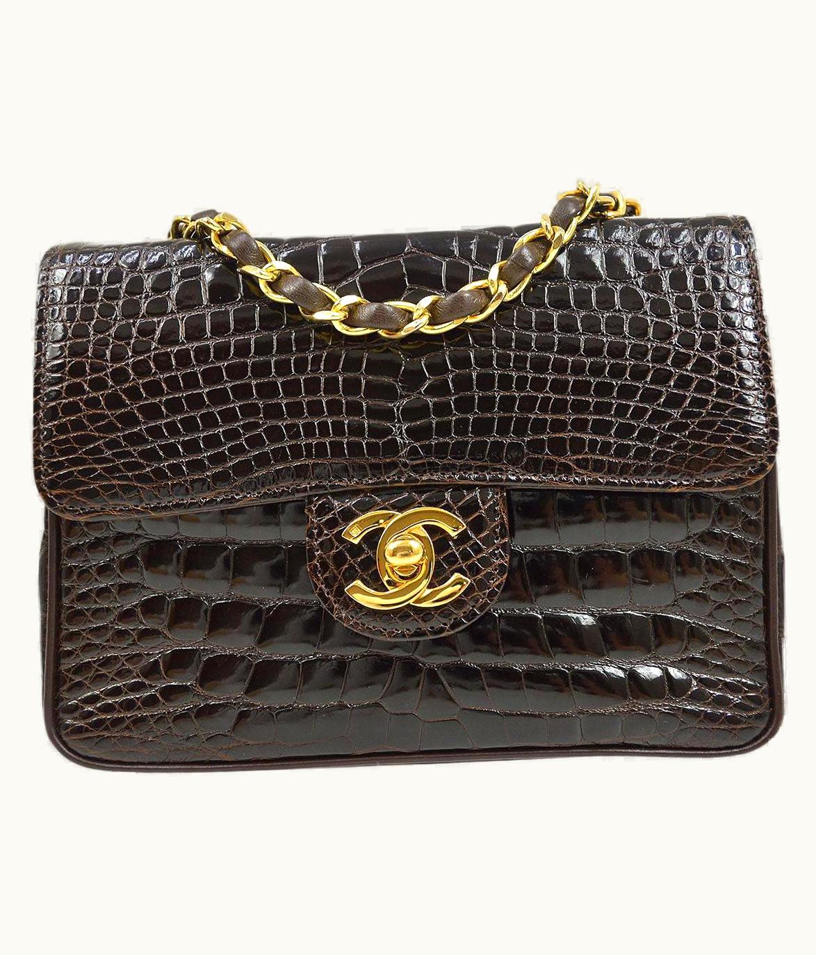 Chanel Chanel Small Brown Chocolate Crocodile Exotic Gold Evening Shoulder Flap Bag