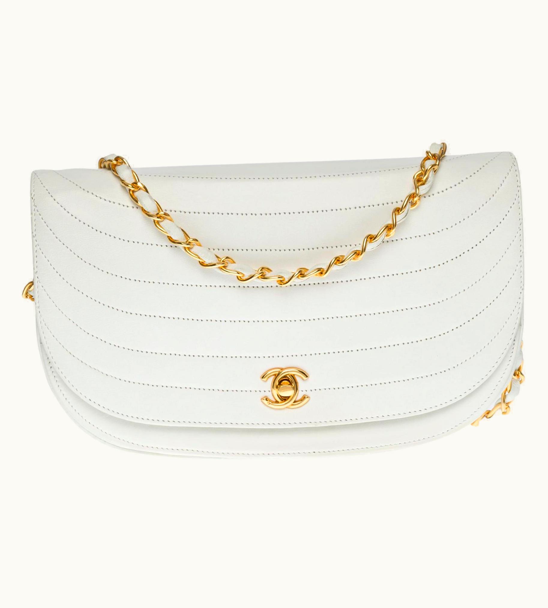 Chanel Rare Chanel Classique Demi-lune Shoulder Bag In White Lambskin, Ghw