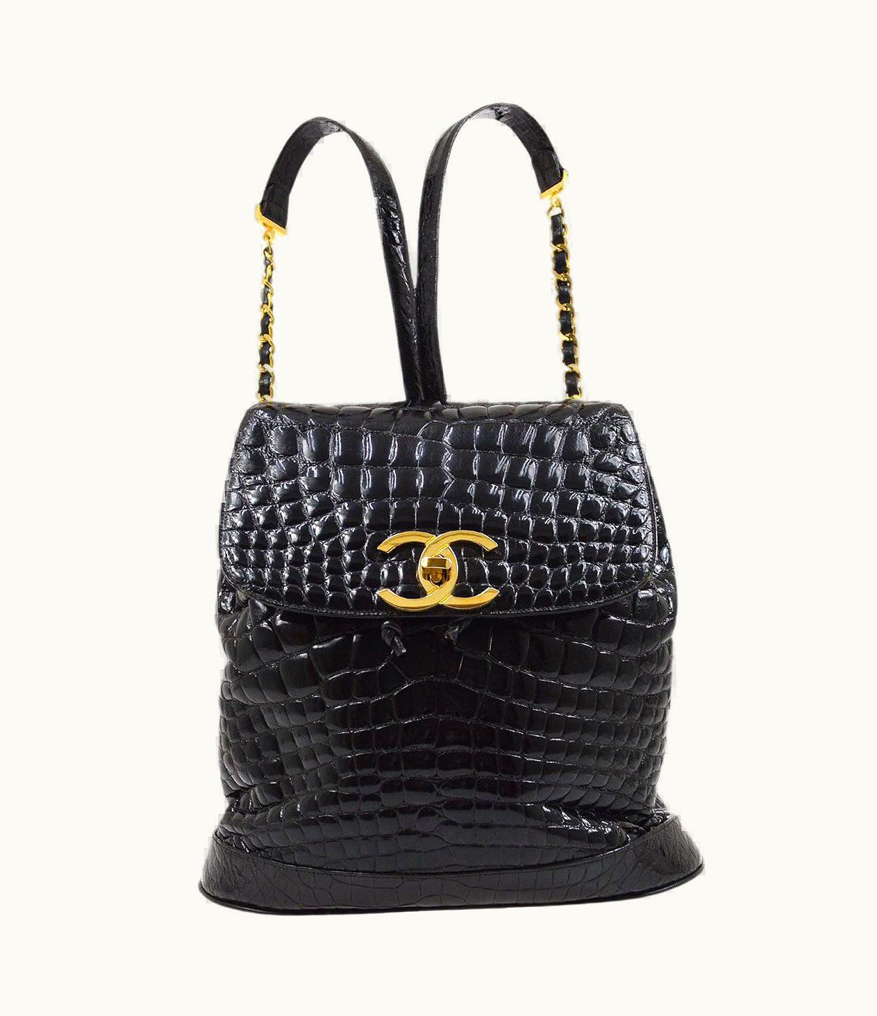 Chanel Chanel Black Crocodile Exotic Leather Gold Carryall Travel Shoulder Backpack Bag
