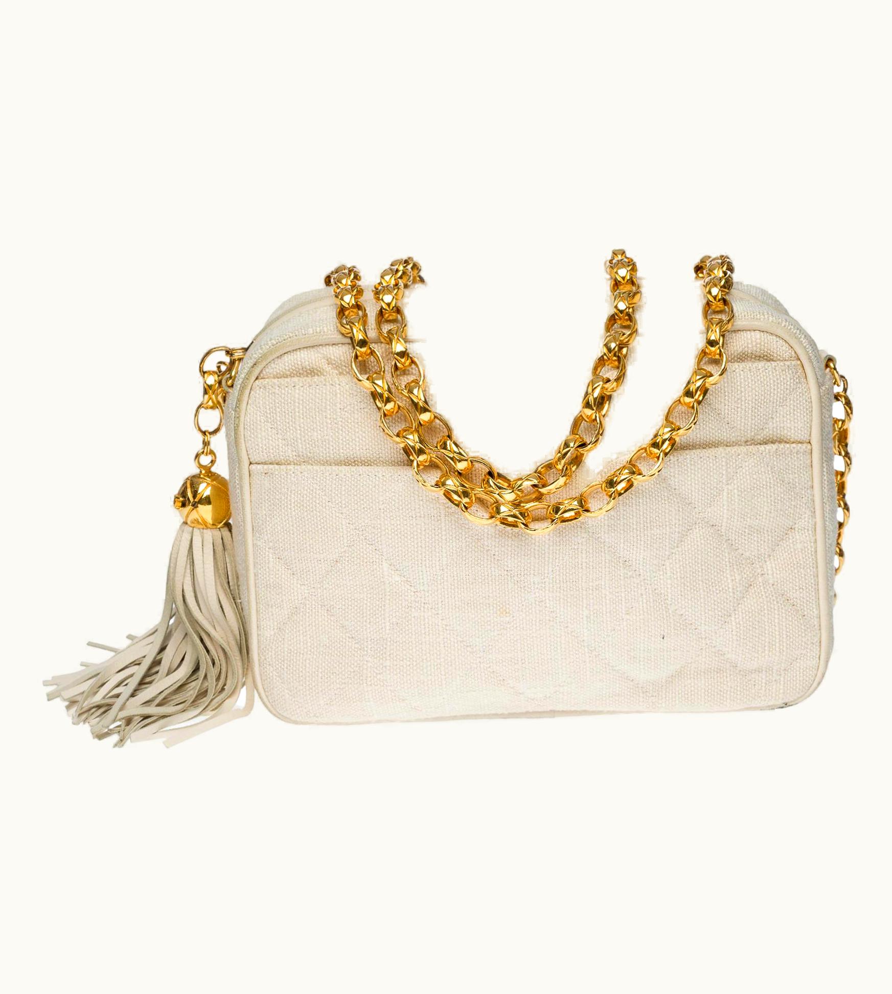 Chanel Rare Chanel Mini Camera Shoulder Bag In Ecru Quilted Linen, Ghw