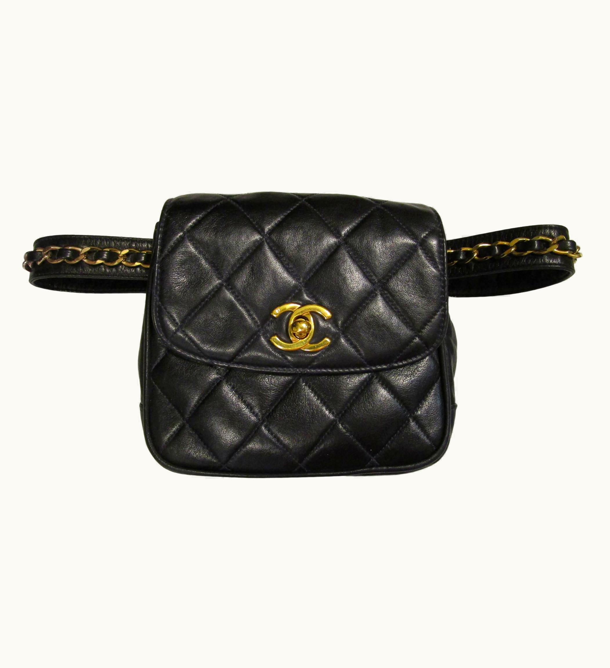 Chanel 90s Chanel Cc Turnlock Lambskin Leather Waist Belt Bag Black W 24k Gold Hardware