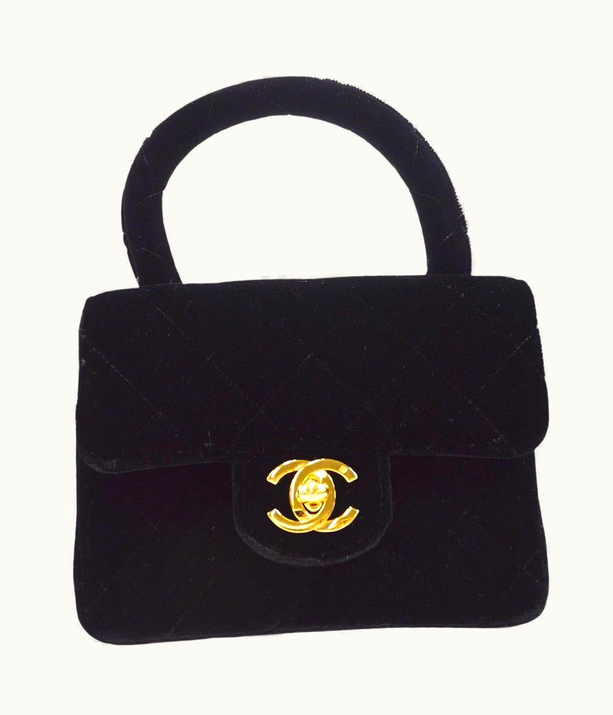 Chanel Chanel Black Velvet Gold Small Mini Micro Kelly Top Handle Flap Bag