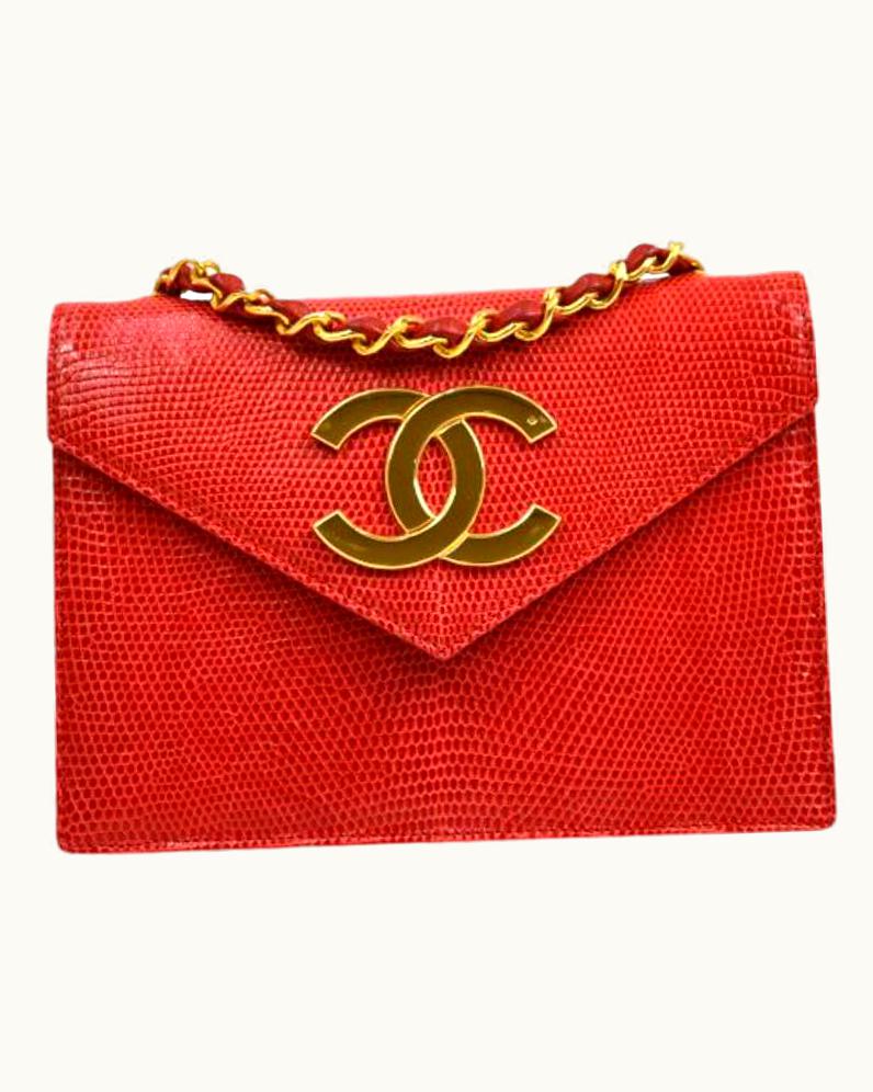 Chanel Chanel Red Lizard Exotic Skin Leather Gold Cc Small Mini Evening Shoulder Bag