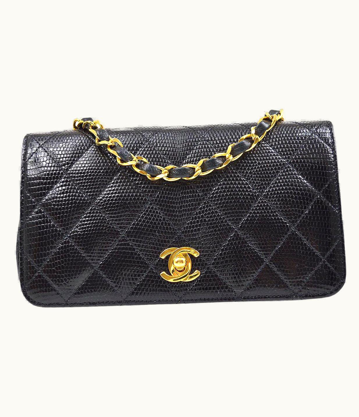 Chanel Chanel Black Lizard Exotic 24k Gold Plated Small Mini Evening Shoulder Flap Bag