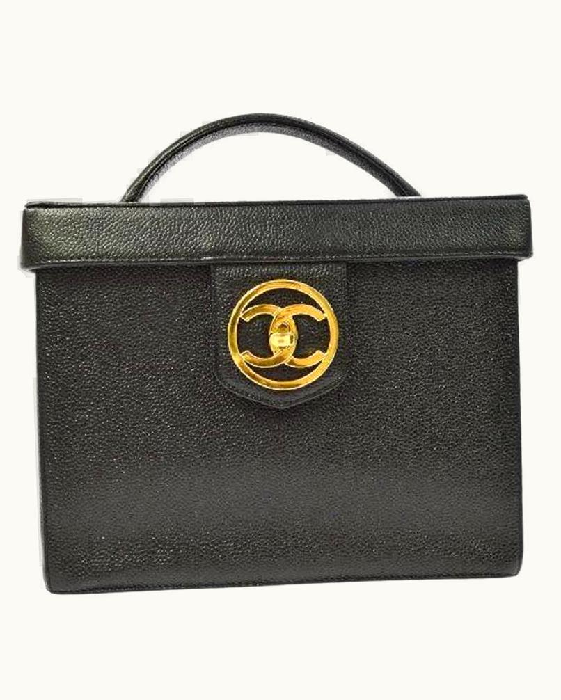 Chanel Chanel Cc Black Caviar Leather Gold Cosmetic Travel Vanity Top Handle Bag