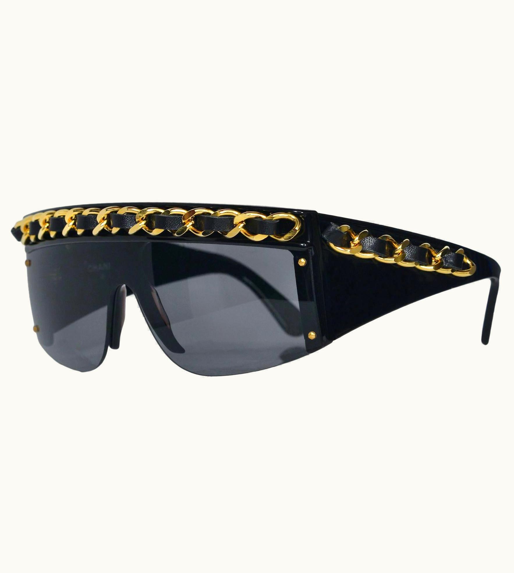 Chanel Iconic Chanel Chain & Leather Oversized Black Sunglasses 1992