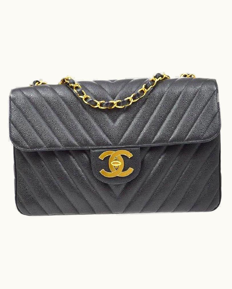 Chanel Chanel Black Caviar Leather Chevron Gold Hardware Shoulder Maxi Flap Bag