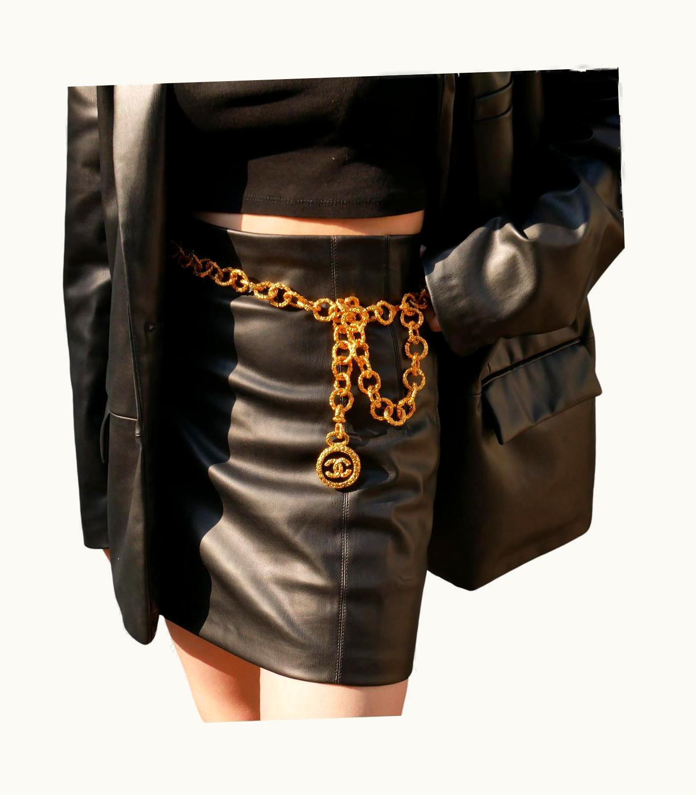 Chanel Chanel Cc Black Enamel Textured Gold Metal Charm Chain Link Waist Belt