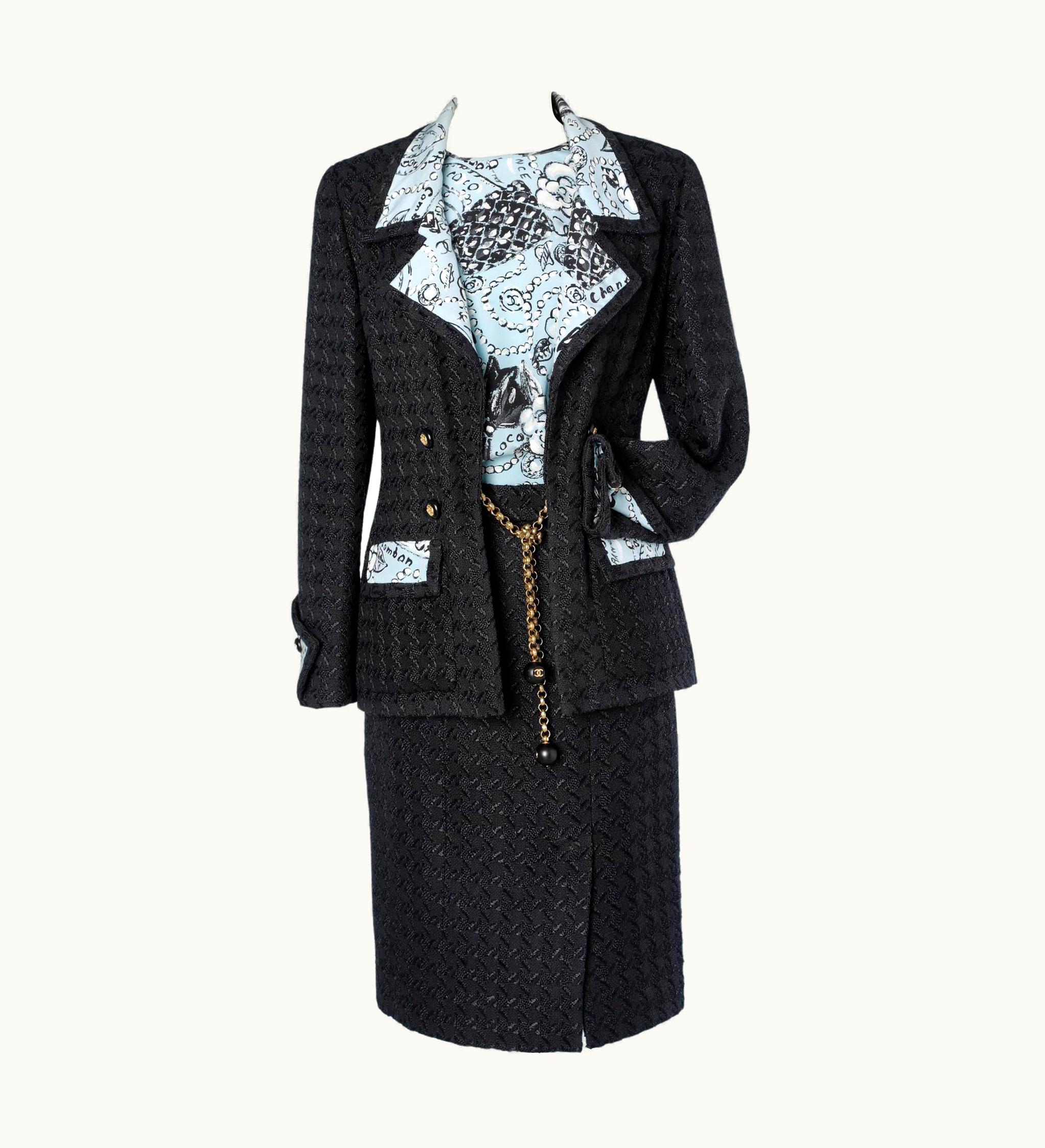 Chanel 3 Pieces Skirt Suit In Navy Blue Wool And Printed Silk Top S/S 1993 Chanel