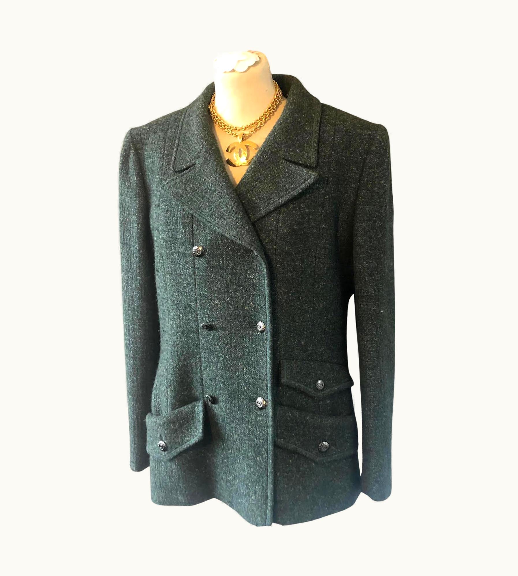 Chanel Chanel 1997 Green Tweed Wool Bouclé Jacket Double Breasted