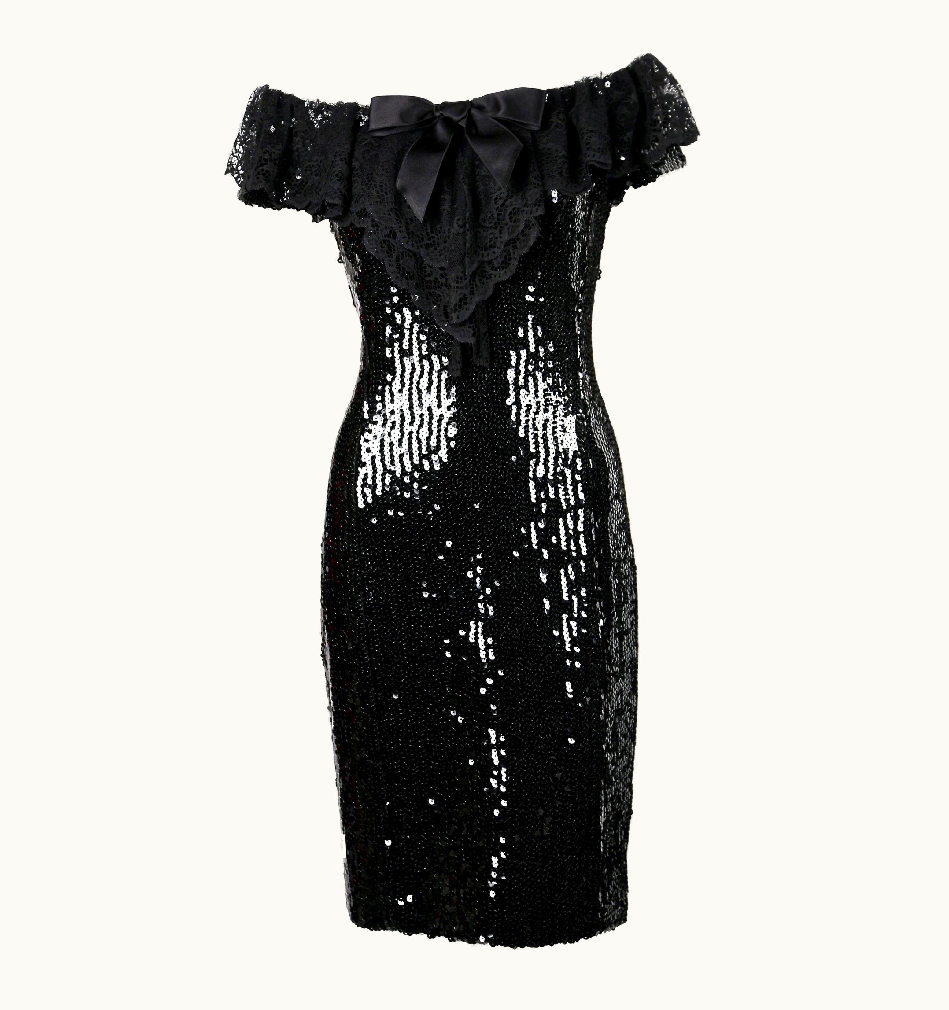 Chanel 1994 Chanel Black Sequined Dress With Chantilly Lace Collar & Satin Bow