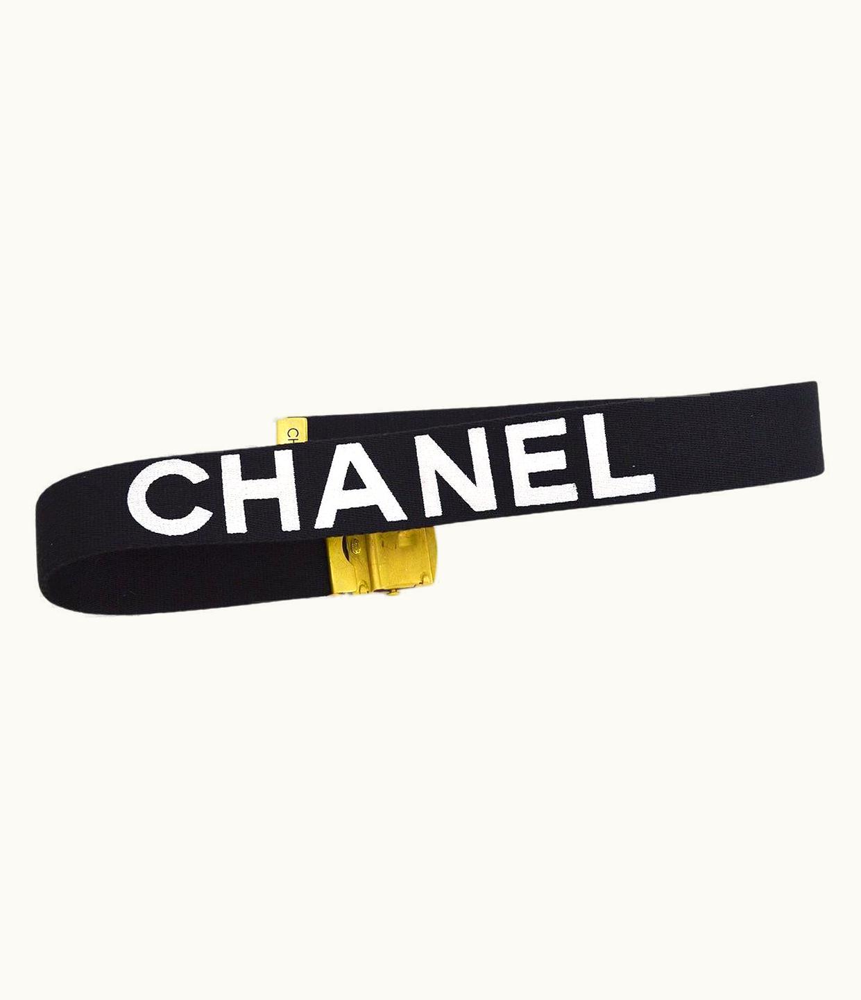 Chanel Chanel Black Canvas Logo Cc Gold Metal Buckle Waist Belt