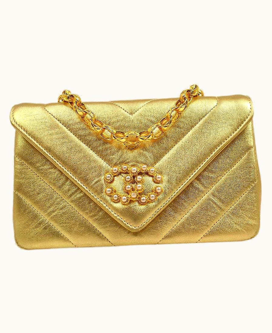 Chanel Chanel Metallic Gold Lambskin Leather Chevron Faux Pearl Small Shoulder Bag