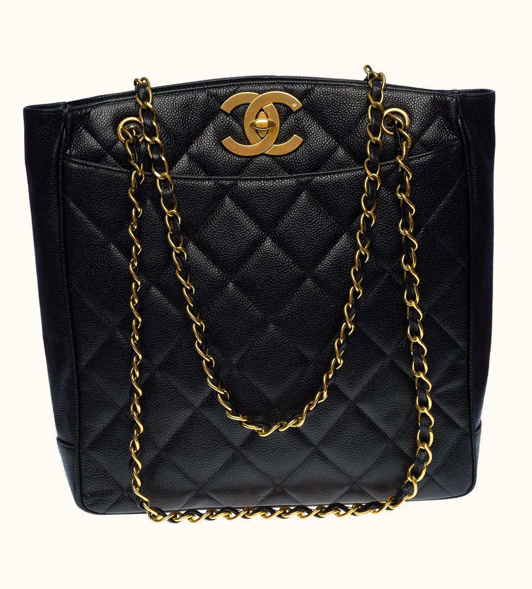 Chanel Amazing Chanel Shopping Tote In Black Caviar Quilted Leather And Gold Hardware