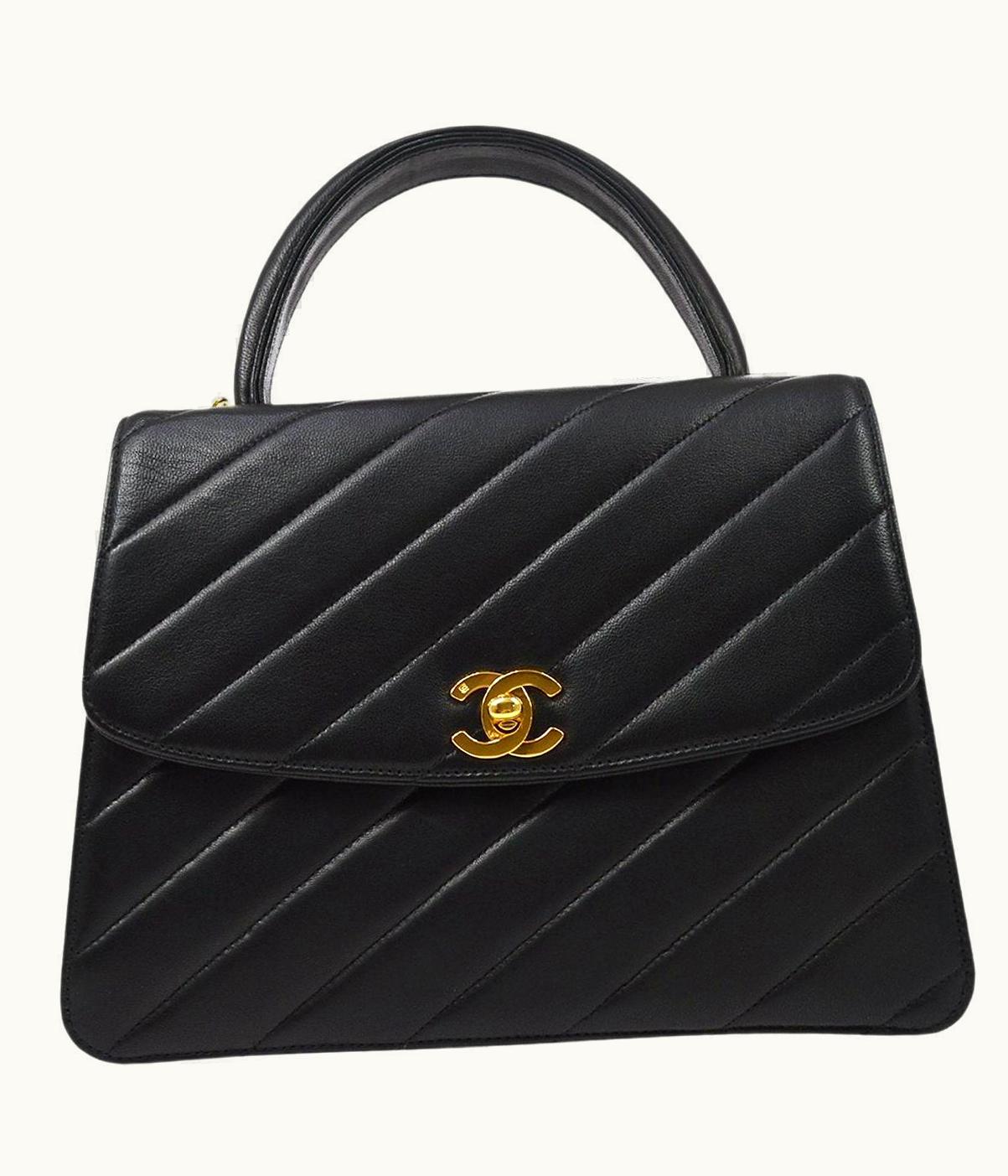 Chanel Chanel Black Lambskin Quilted Chevron Hardware Top Handle Kelly Shoulder Bag