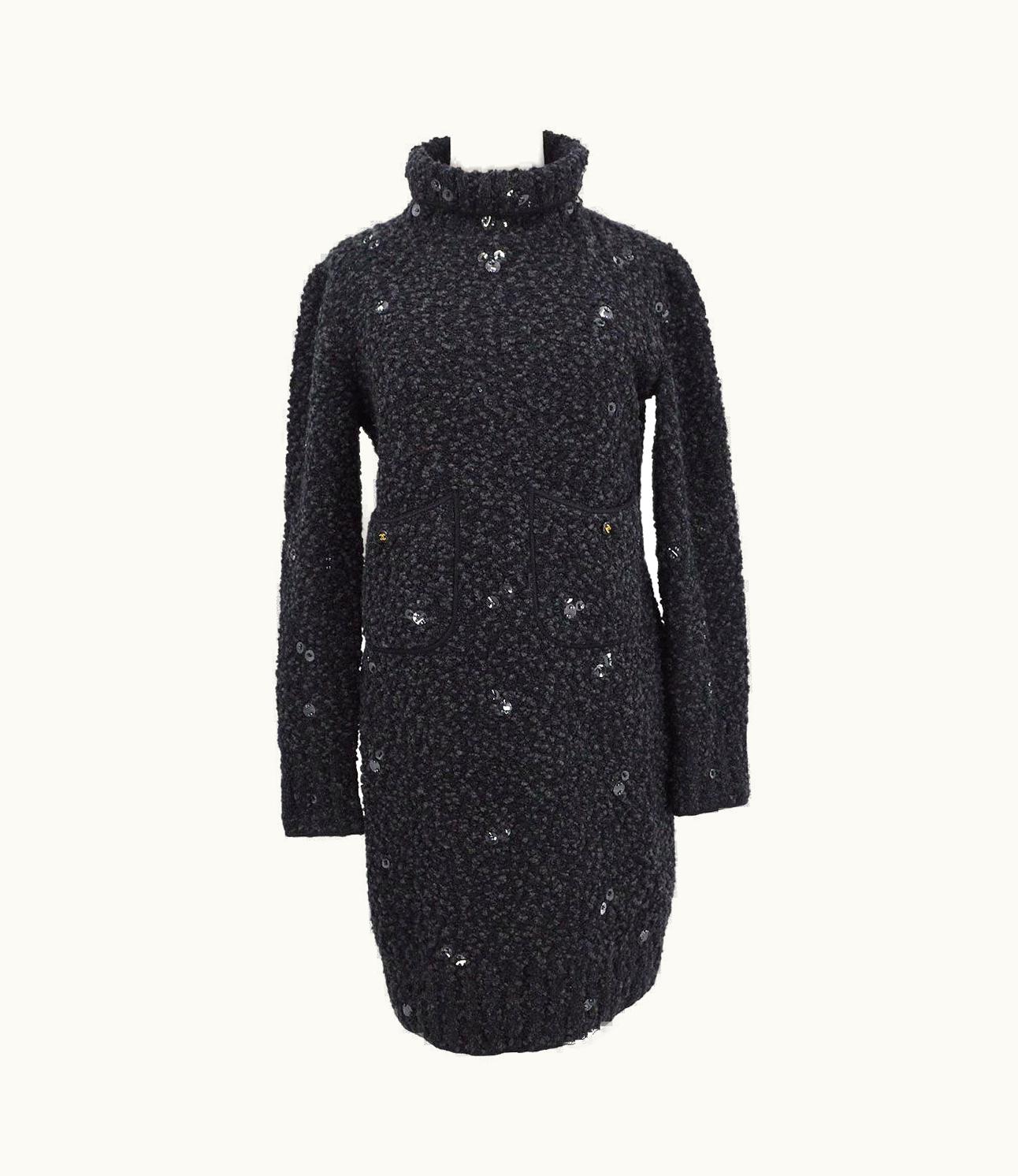 Chanel Chanel Black Wool Nylon Blend Mock Neck Gold Cc Button Dress