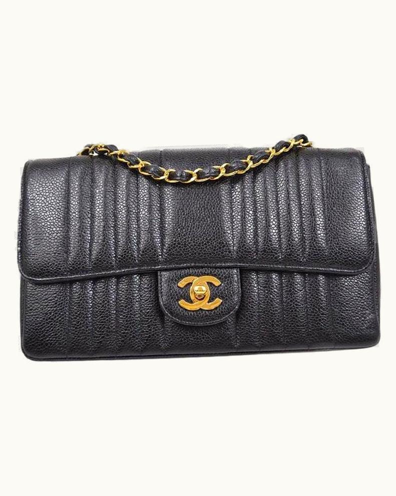 Chanel Chanel Black Caviar Vertical Quilted Gold Evening Shoulder Medium Flap Bag