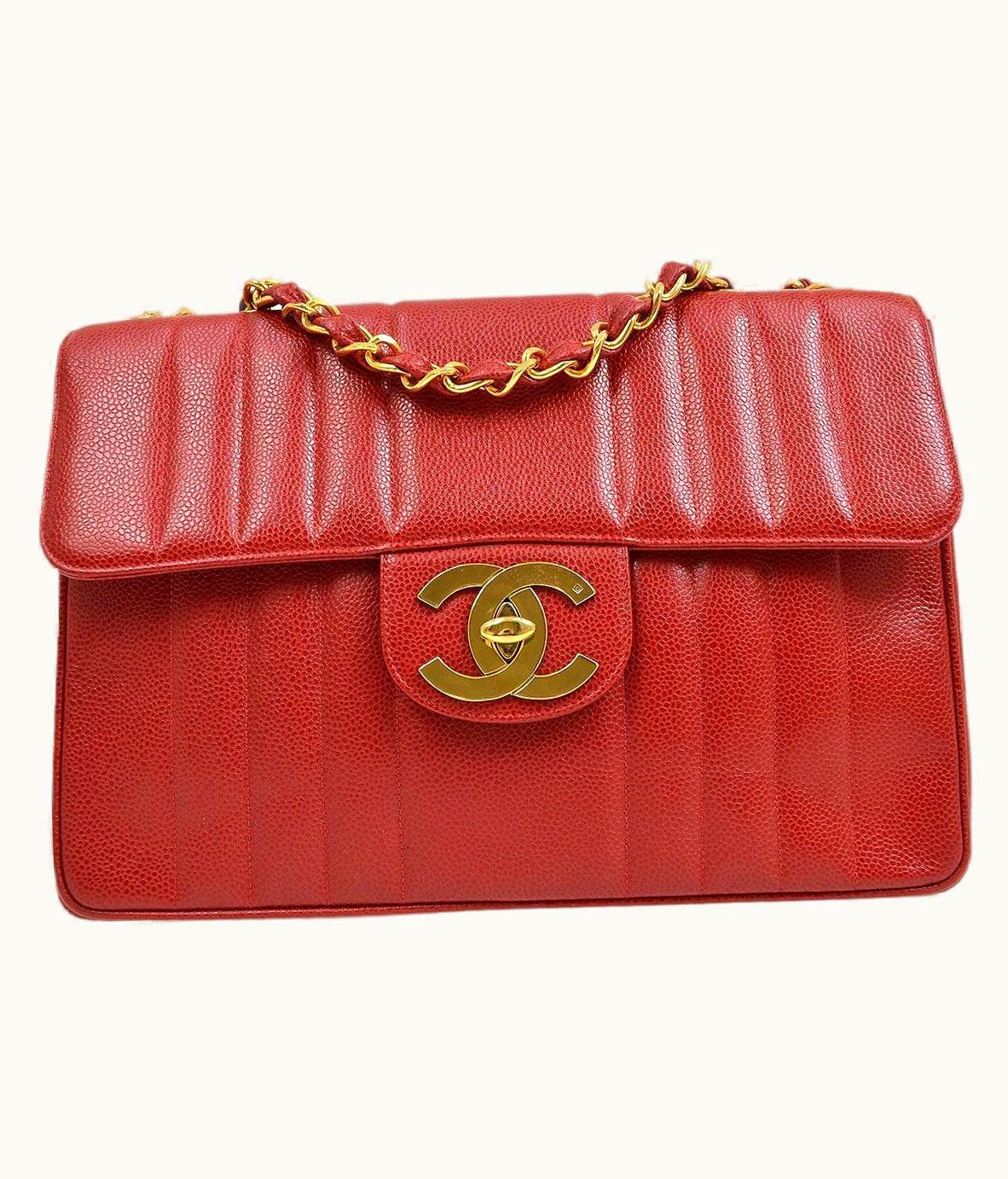 Chanel Chanel Red Caviar Leather Gold Hardware Jumbo Evening Shoulder Flap Bag