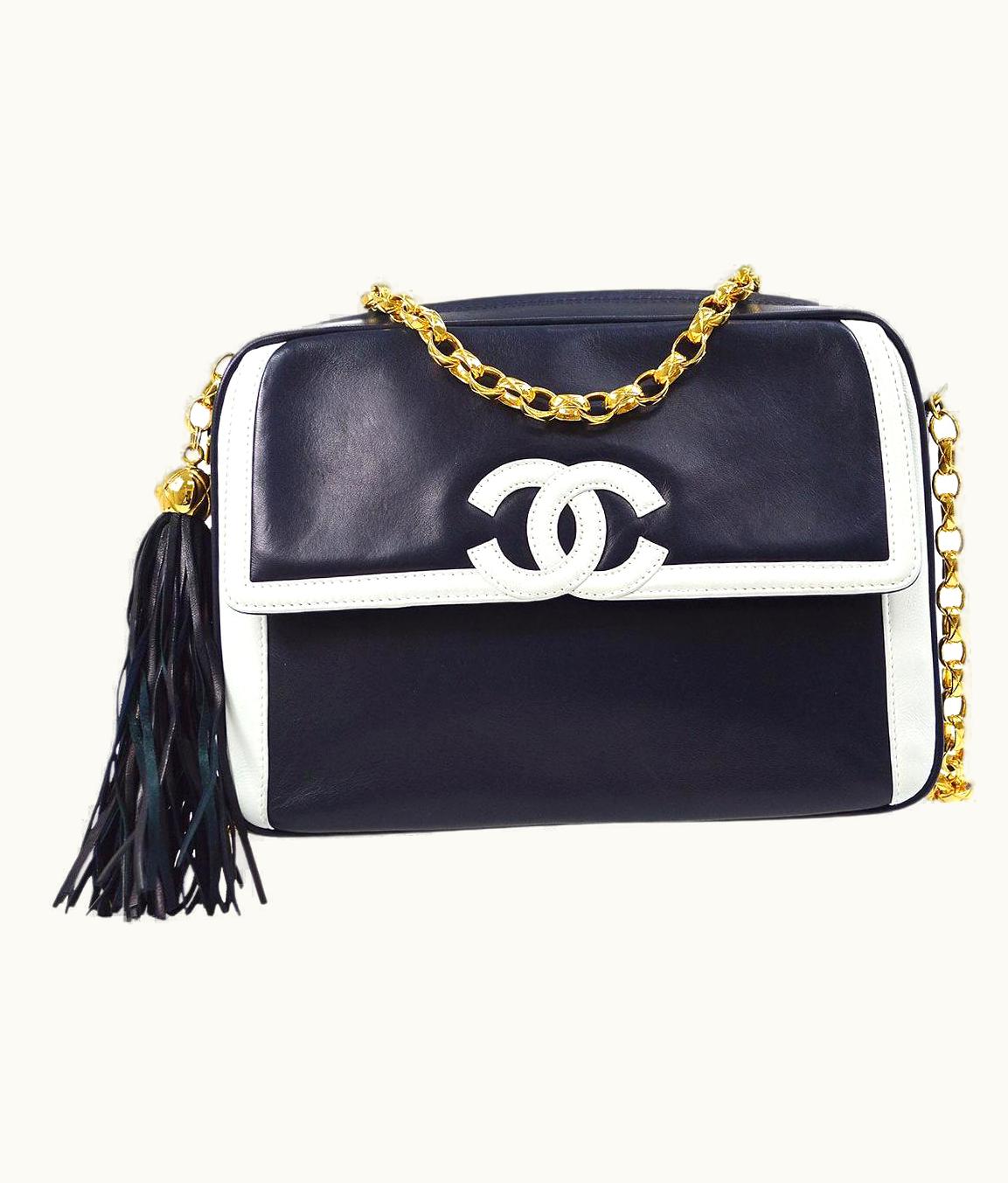 Chanel Chanel Navy Blue White Trim Leather Gold Small Evening Camera Shoulder Bag