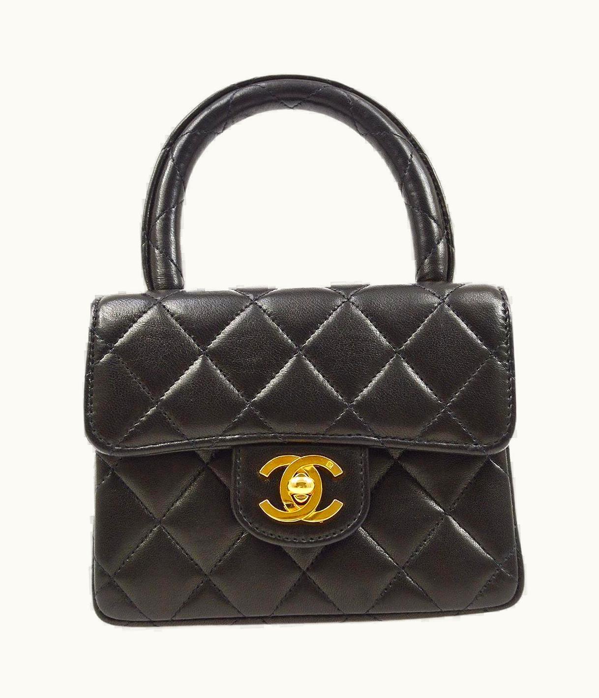 Chanel Chanel Black Lambskin Quilted Leather Micro Mini Kelly Top Handle Party Flap Bag