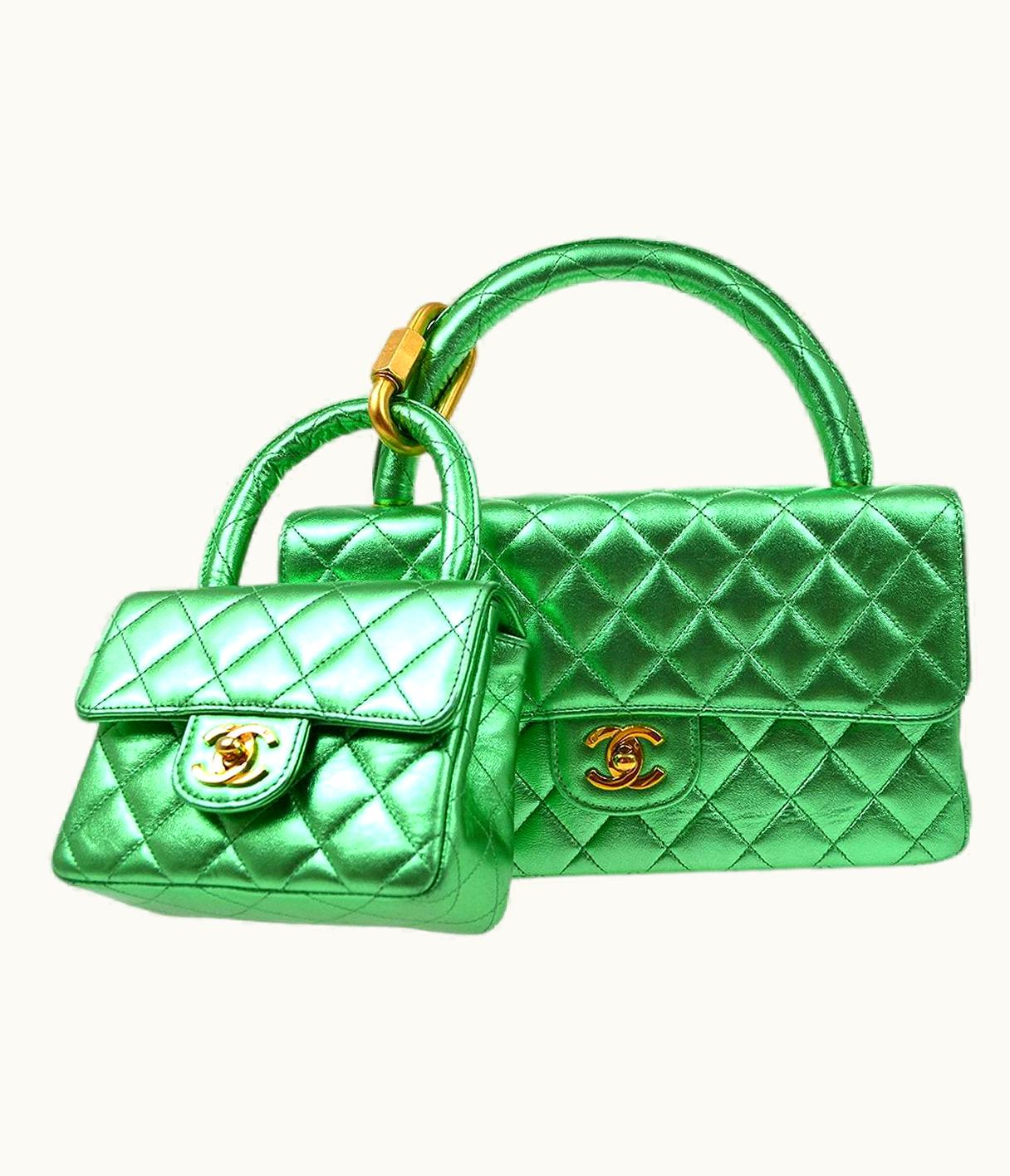 Chanel Chanel Lime Green Metallic Lambskin Gold 2 In 1 Small Medium Kelly Flap Bags