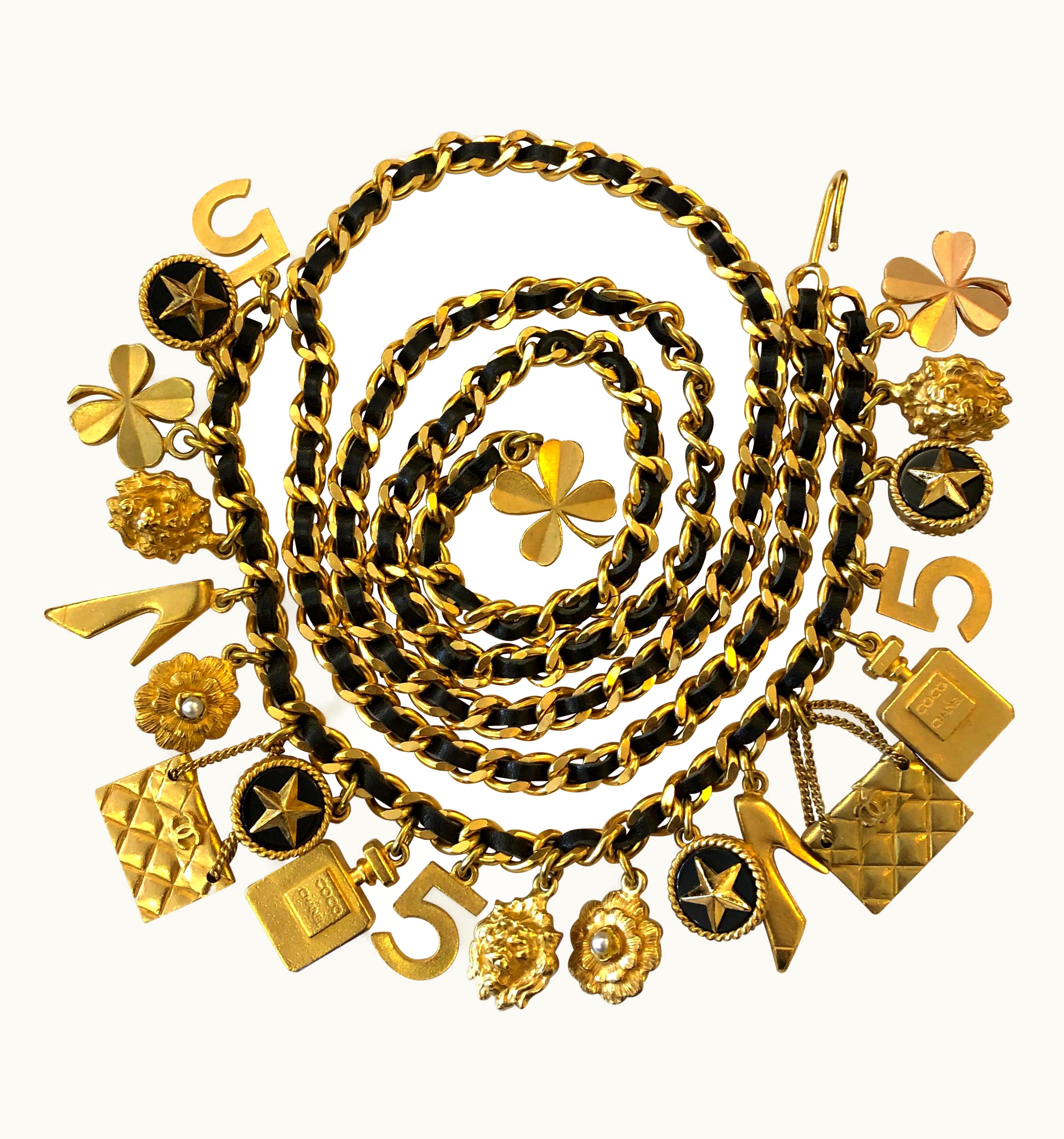 Chanel 1994 Vintage Runway Chanel Gold Toned Leather Chain Charm Belt Lion Camellia