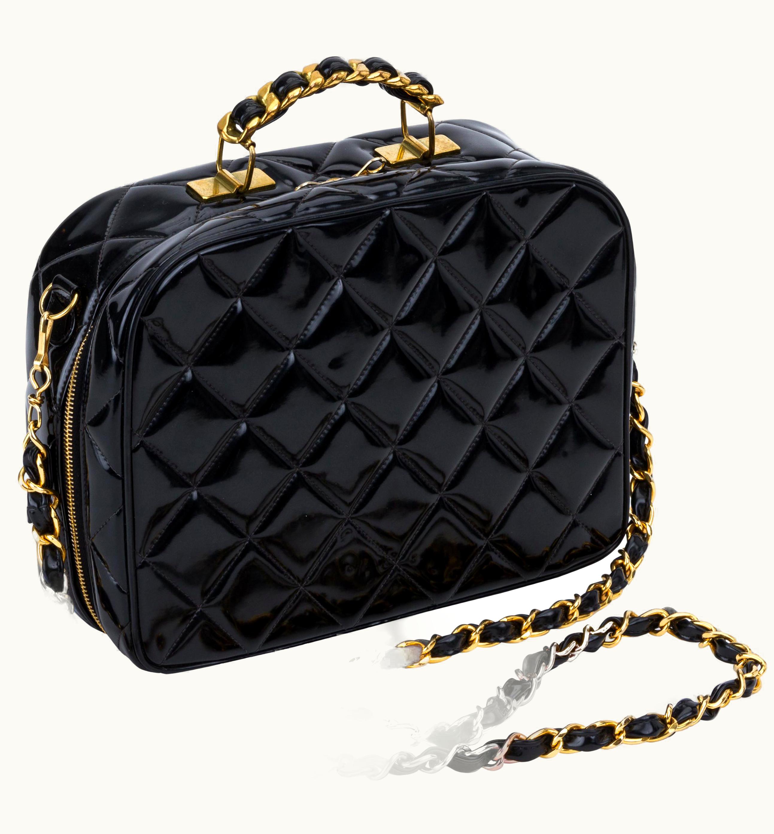 Chanel 1990' Vintage Chanel Iconic Black Patent Hard Case Bag