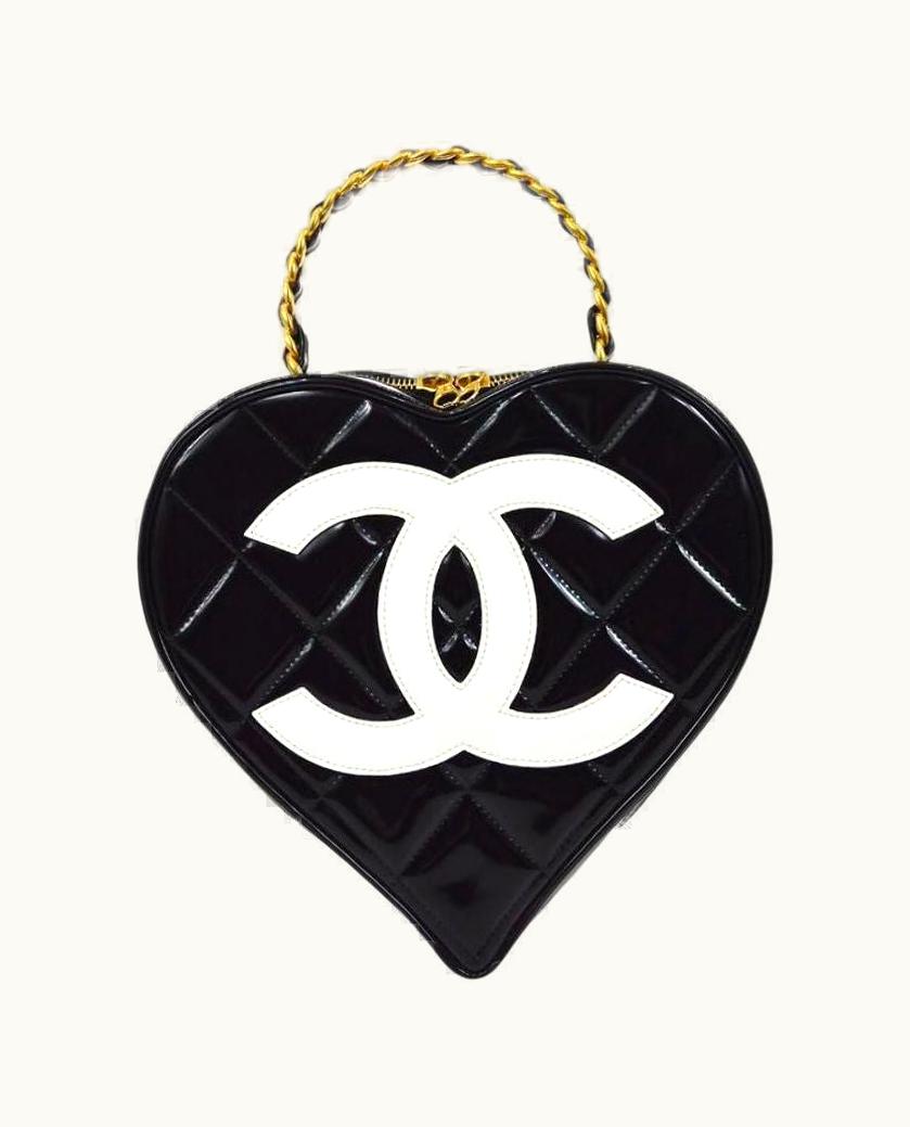 Chanel Chanel Cc Black White Patent Leather Gold Heart Vanity Top Handle Satchel Bag