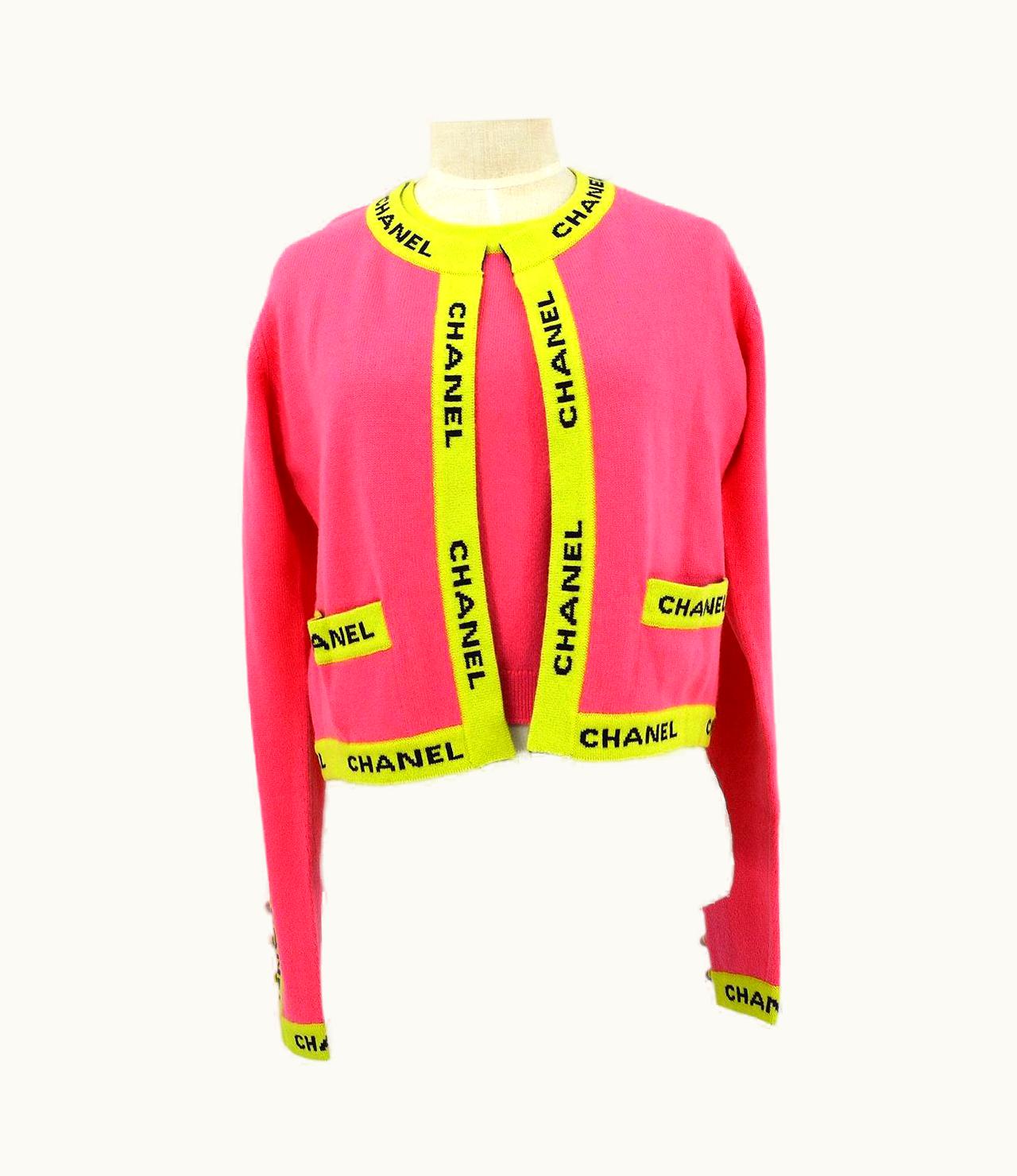 Chanel Chanel Hot Pink Neon Yellow Logo Cashmere Knit Cardigan Sweater Set - Size Fr