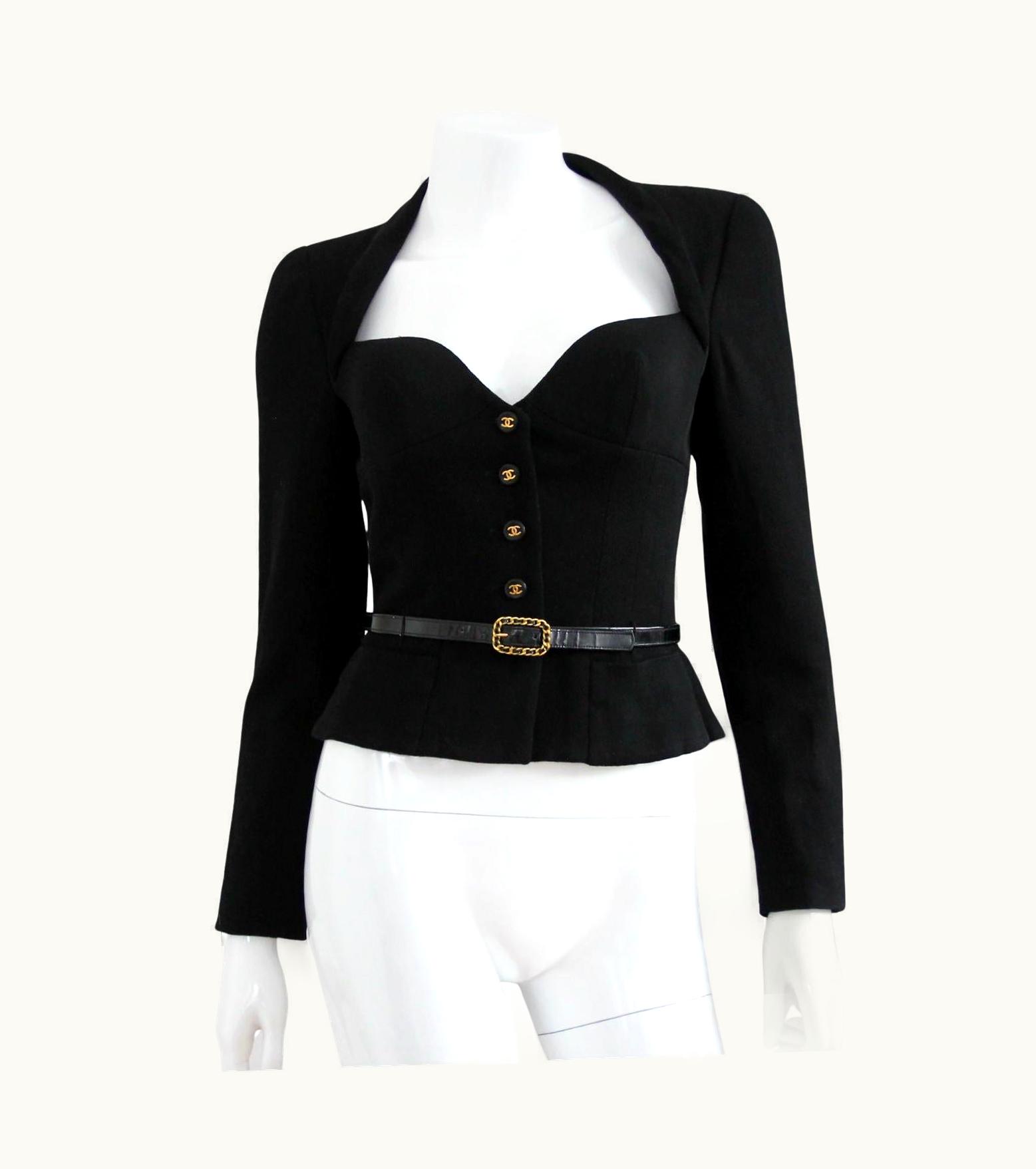 Chanel Chanel 1995 Black Jacket With Patent Leather Belt & Cc Buttons By Karl Lagerfeld