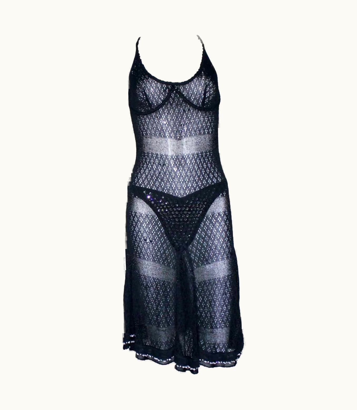 Chanel Chanel 1995 Black Beaded Crochet Knit Corset Dress