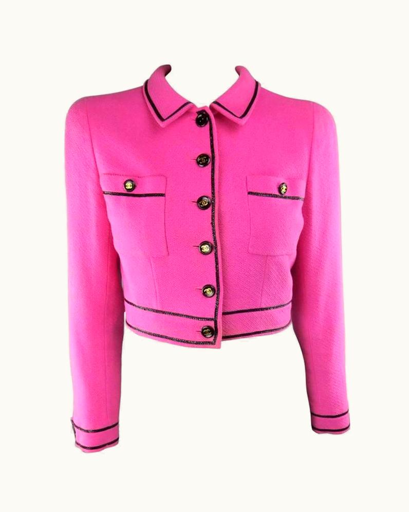 Chanel Vintage Chanel 1995 8 Fuchsia Pink Collared Black Patent Piping Cropped Jacket