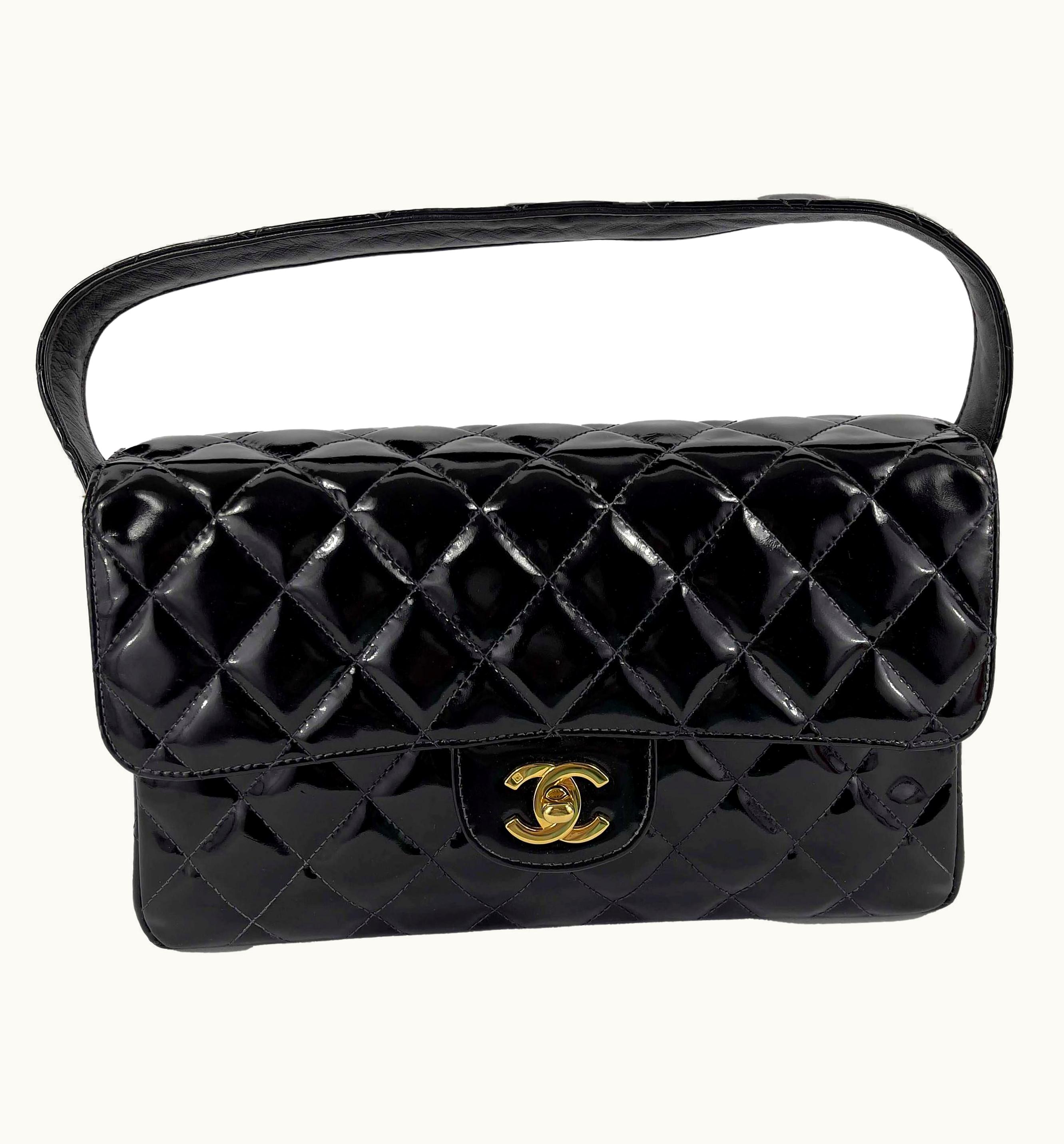 Chanel Chanel Vintage 1996 Black Top Handle Kelly Medium Flap Bag Patent Leather
