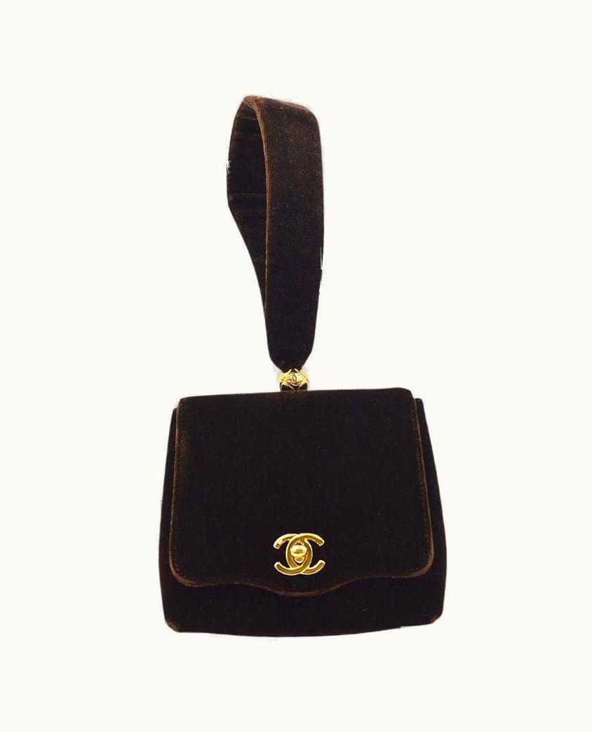 Chanel Chanel Brown Chocolate Brown Velvet Gold Small Mini Evening Wristlet Bag