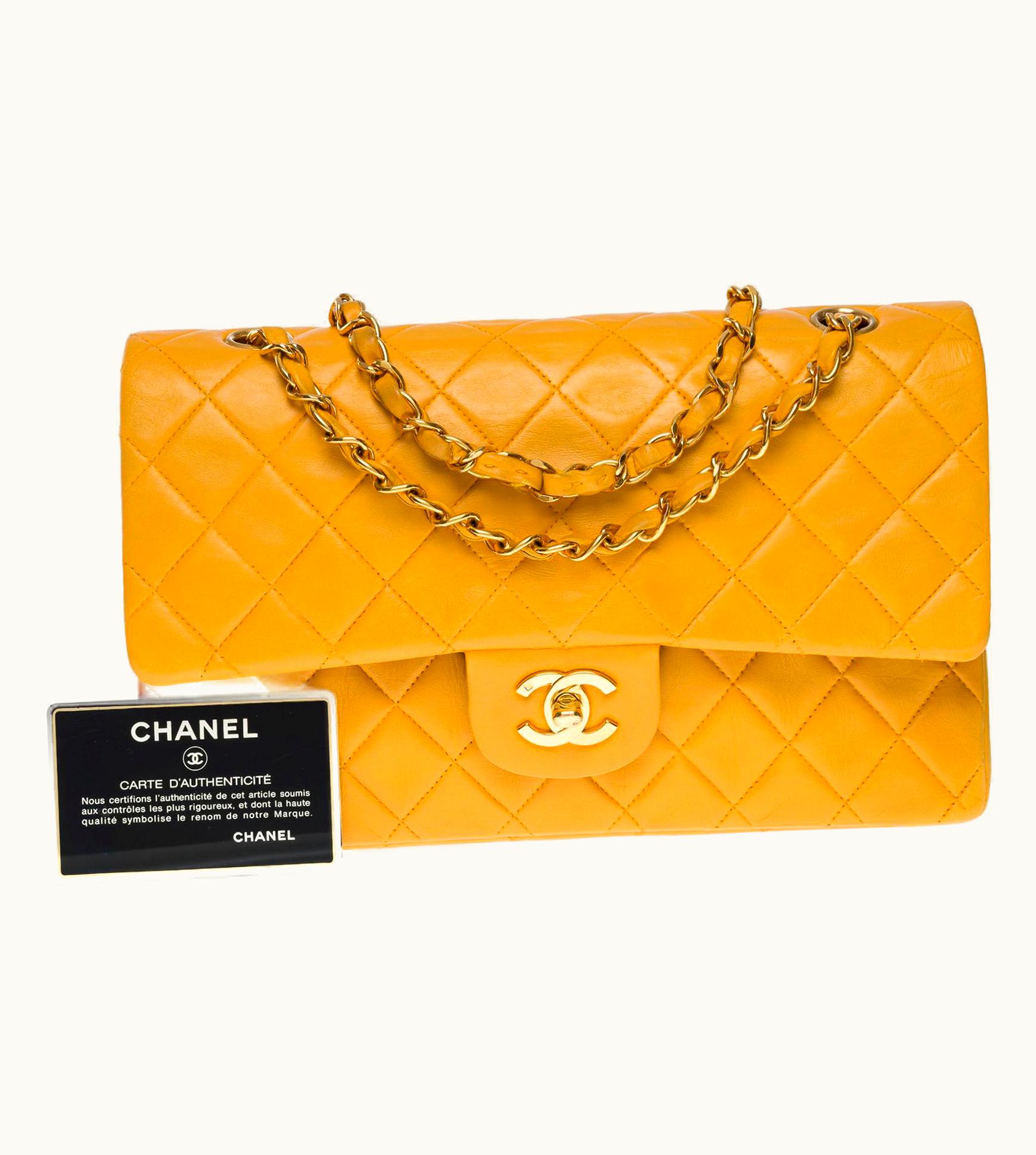 Chanel Chanel Timeless Medium Double Flap Shoulder Bag In Yellow Quilted Lambskin, Ghw