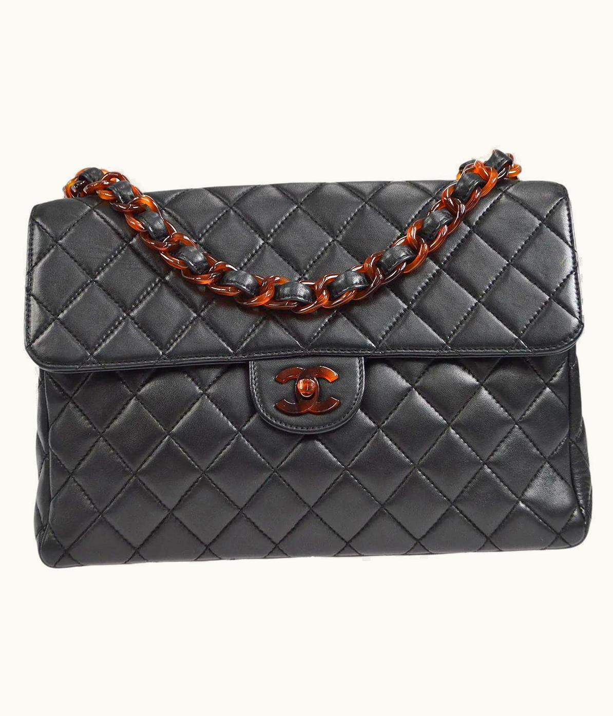 Chanel Chanel Black Lambskin Leather Brown Plastic Tortoise Jumbo Shoulder Flap Bag